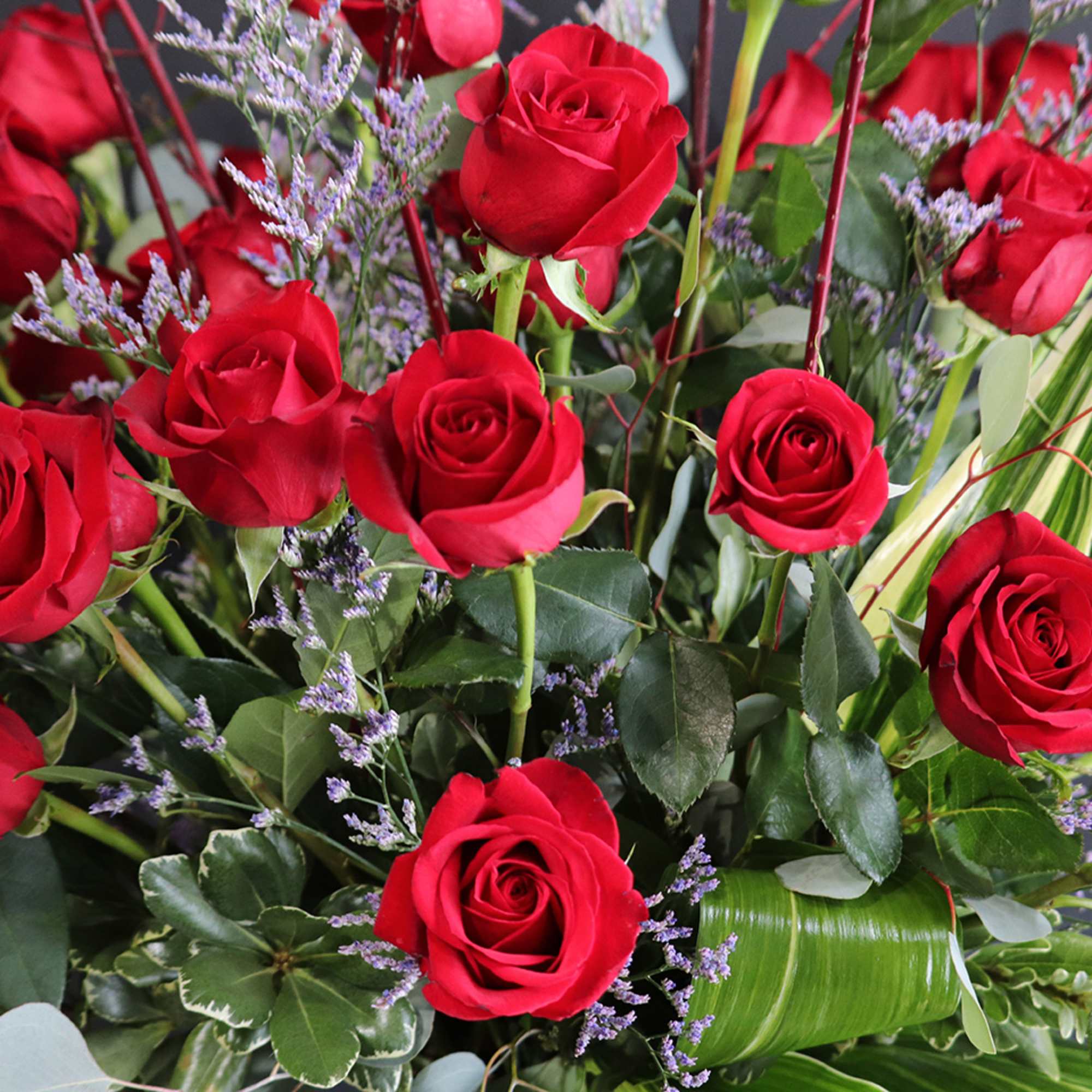 Bouquet of red roses with purple filler flowers and greenery