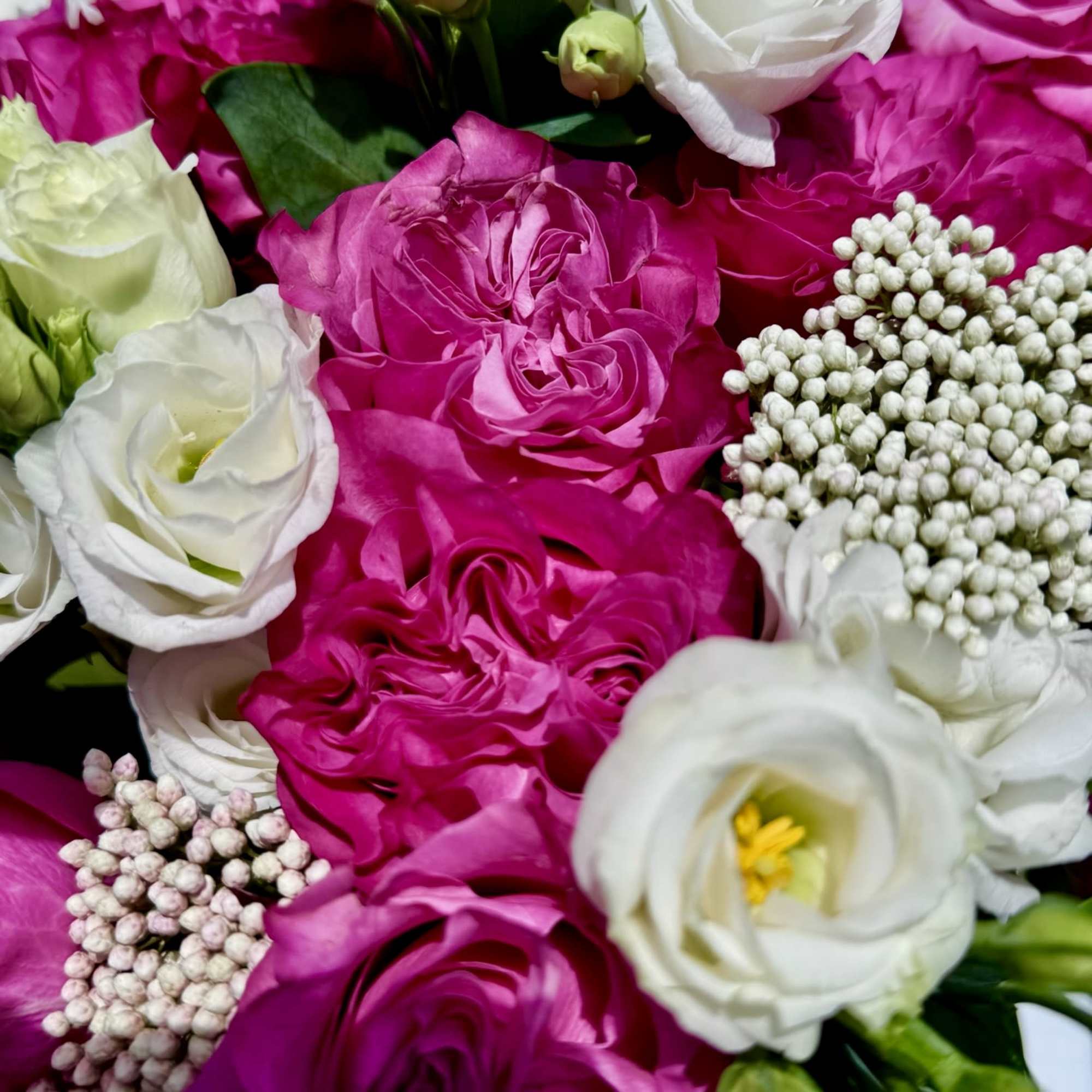 Pink and white roses with white lisianthus in a close-up bouquet