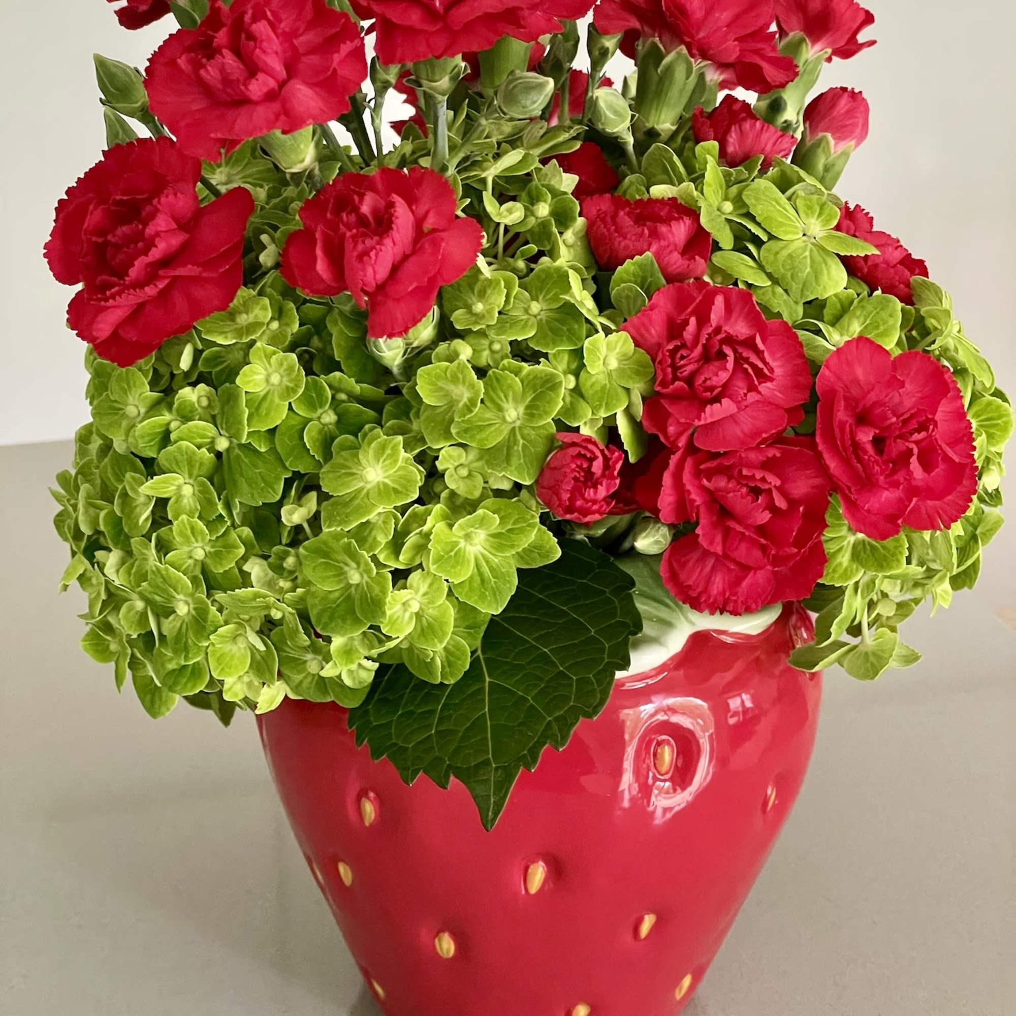 Red carnations in a strawberry-shaped red pot with green hydrangea