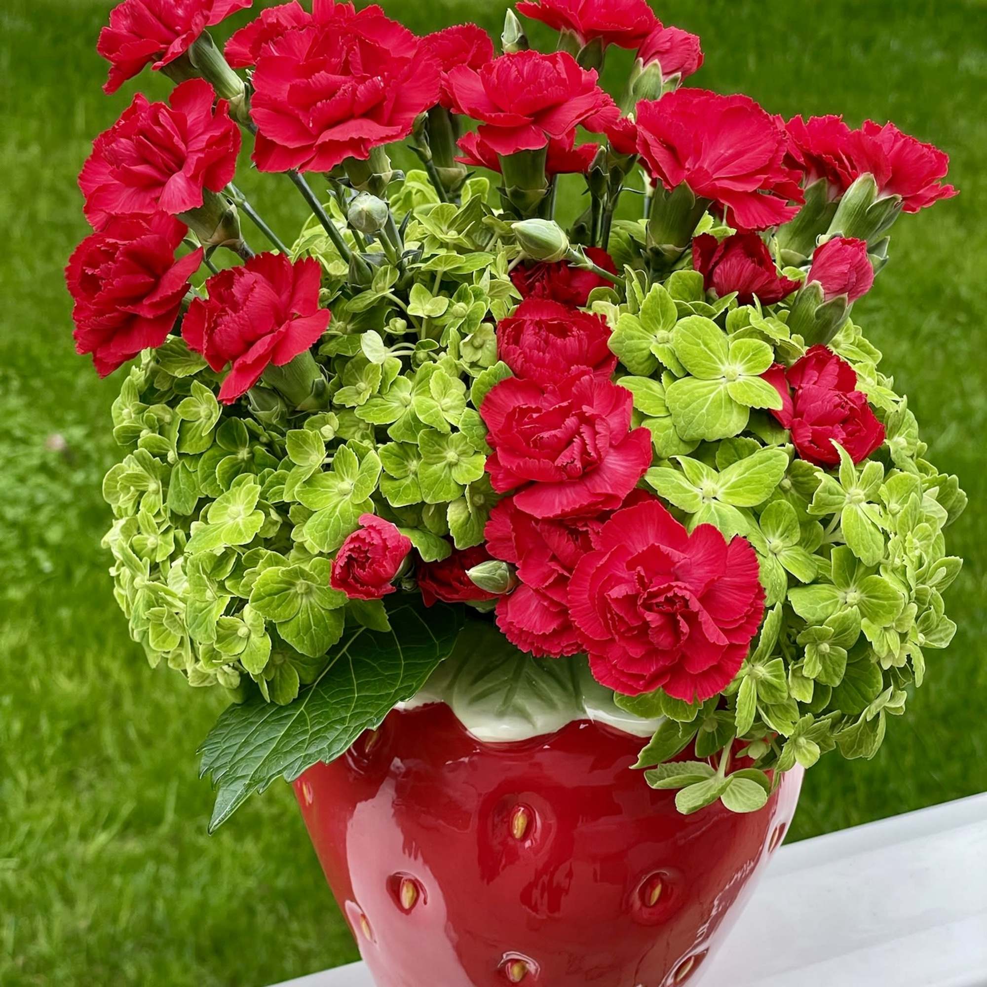 Red carnations in a strawberry-shaped red vase with green hydrangeas
