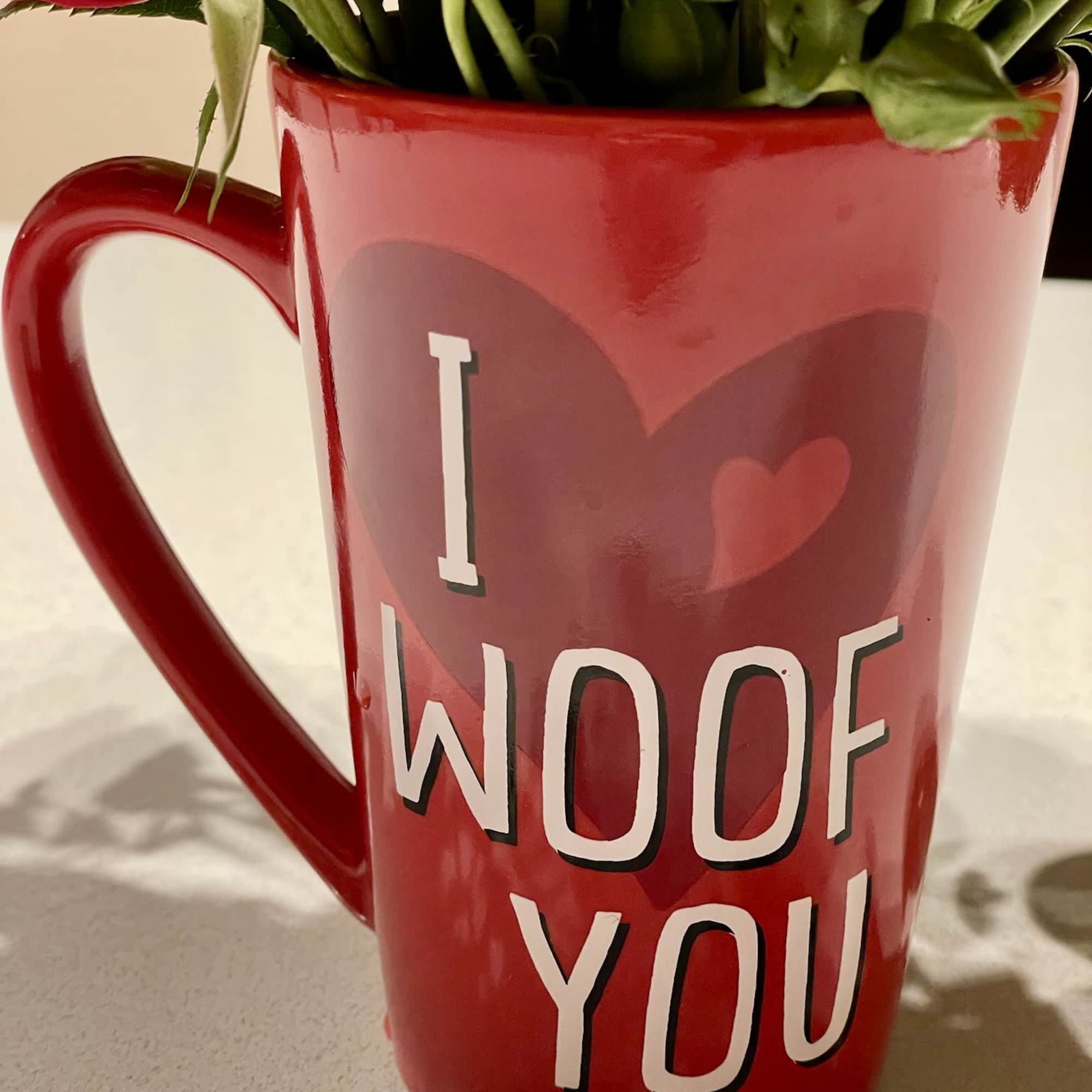 Red mug holding pink flowers with "I WOOF YOU" text