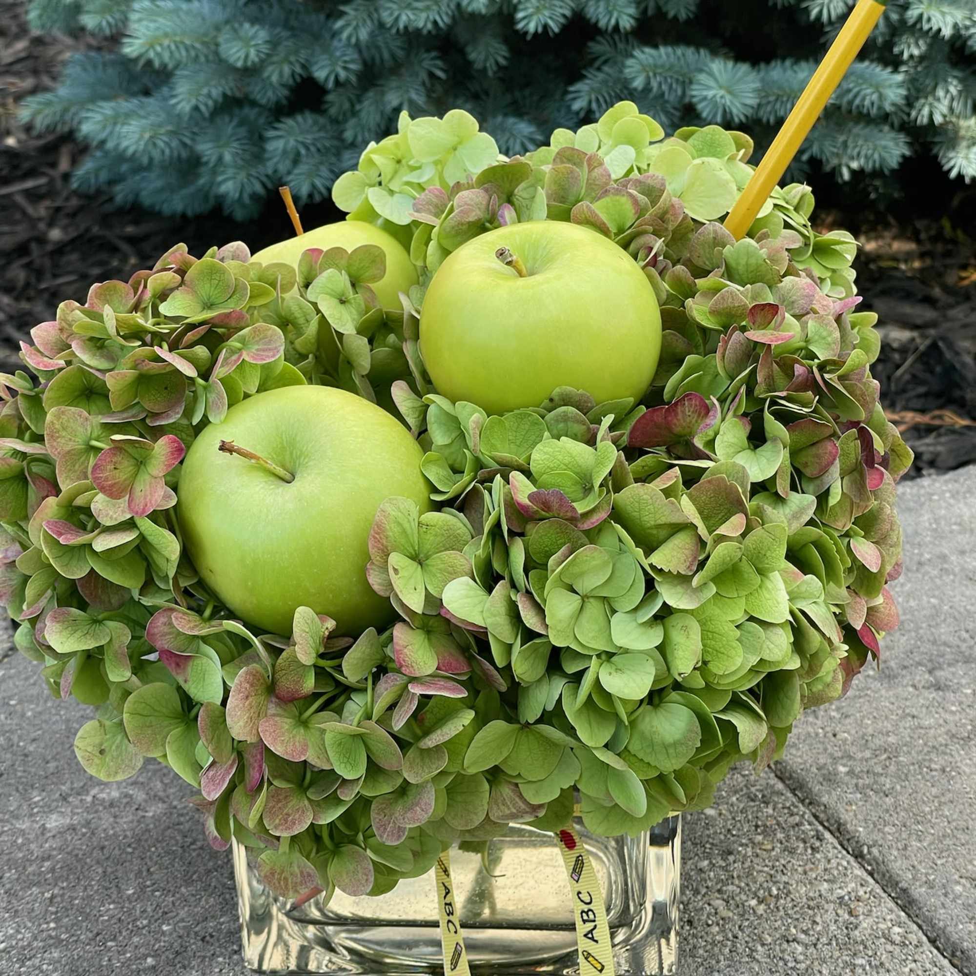 Green hydrangea arrangement with three green apples in a glass vase
