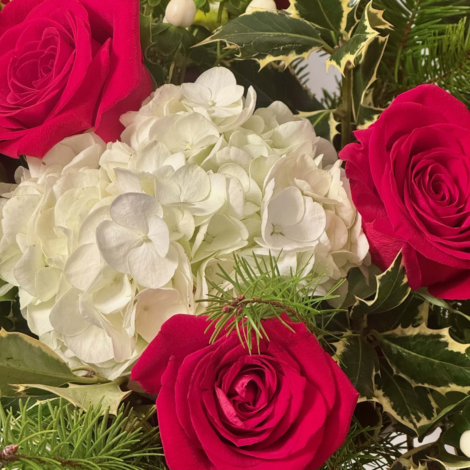 Red roses with white hydrangea and holly berries