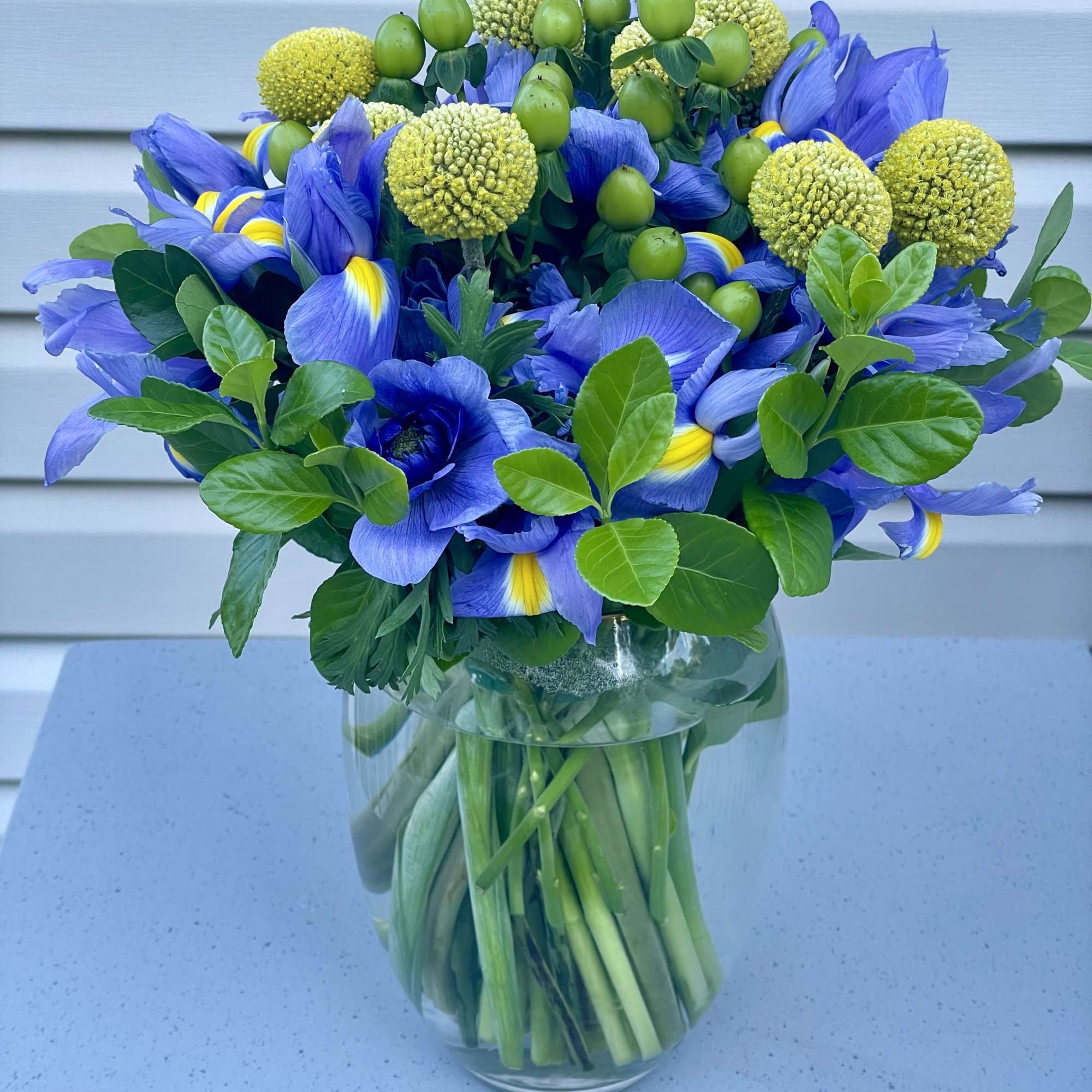 This vibrant arrangement features rich blue irises, sunny yellow billy balls, and