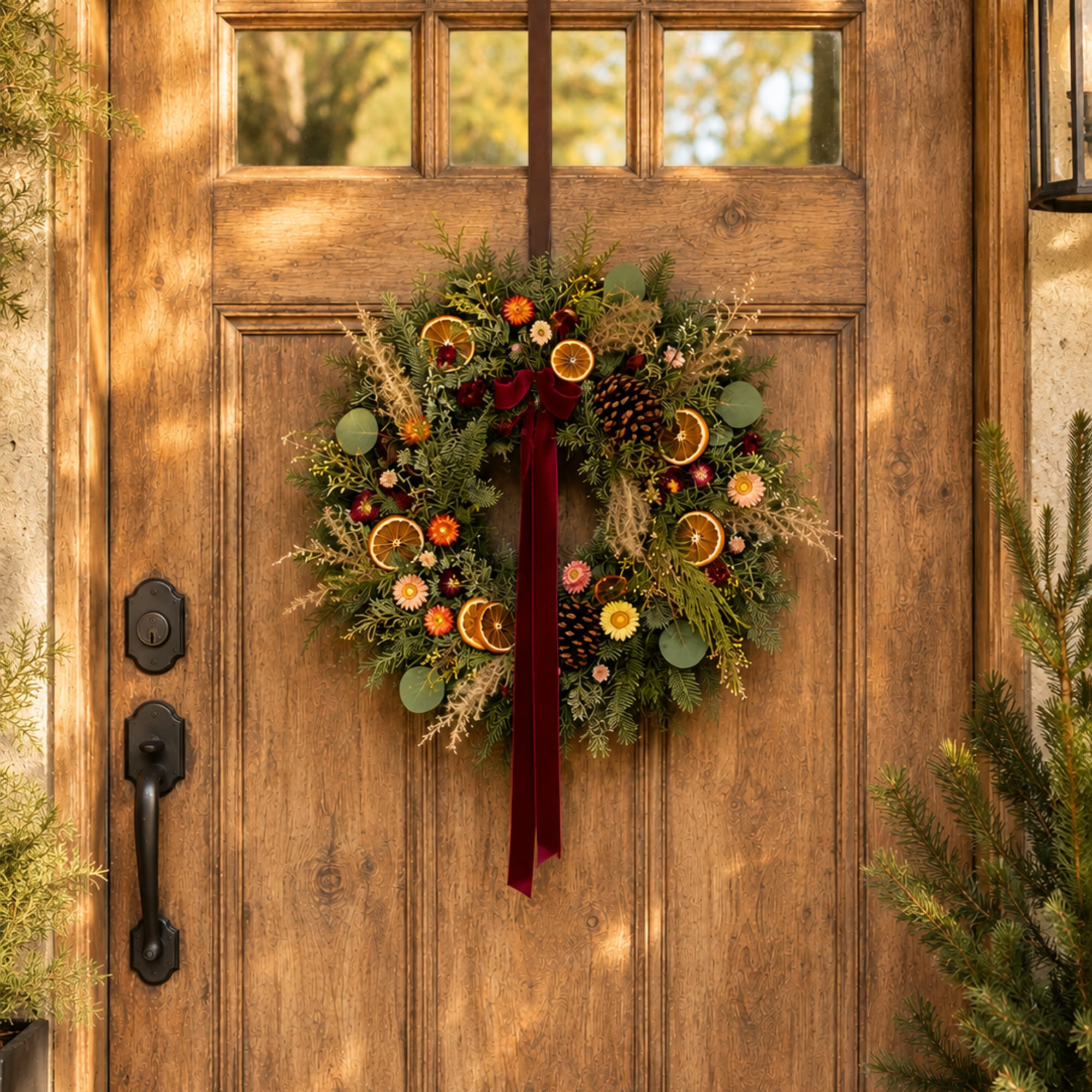 Holiday wreath with dried orange slices and a burgundy ribbon on a wooden door