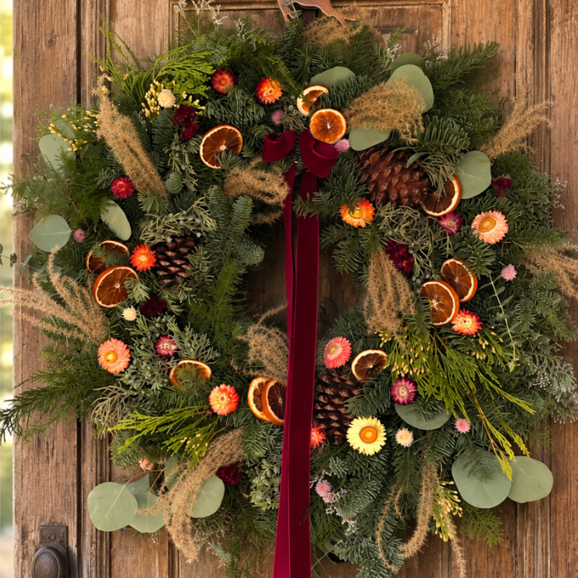 Designed in our studio on a 20-inch fresh evergreen base, this wreath