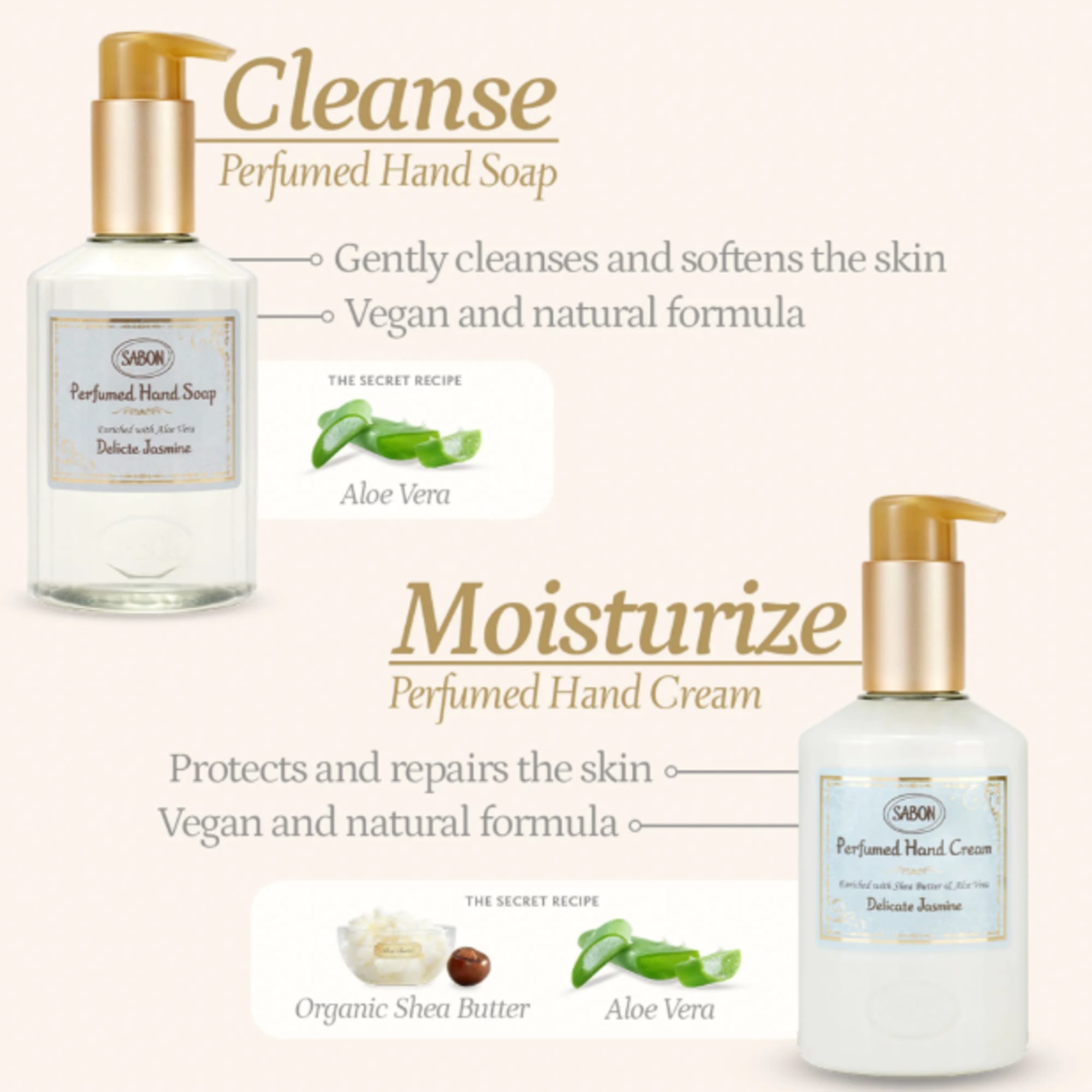 Two pump bottles of hand soap and hand cream with gold caps