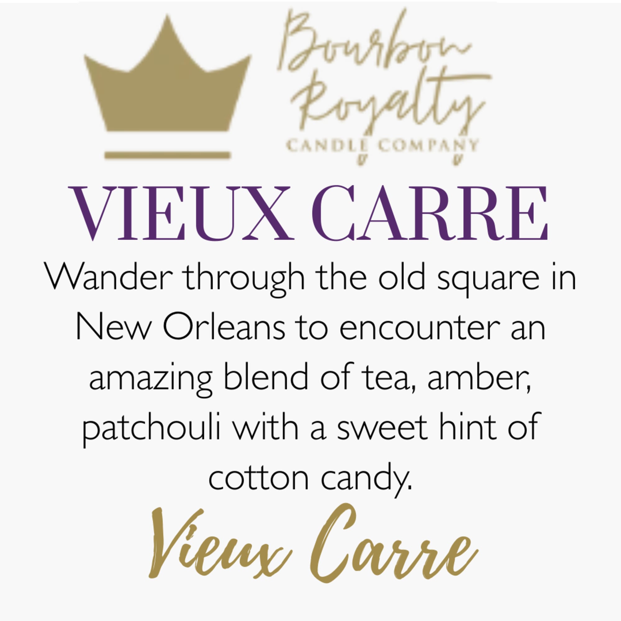 Text graphic for Vieux Carre candle scent with gold and purple lettering