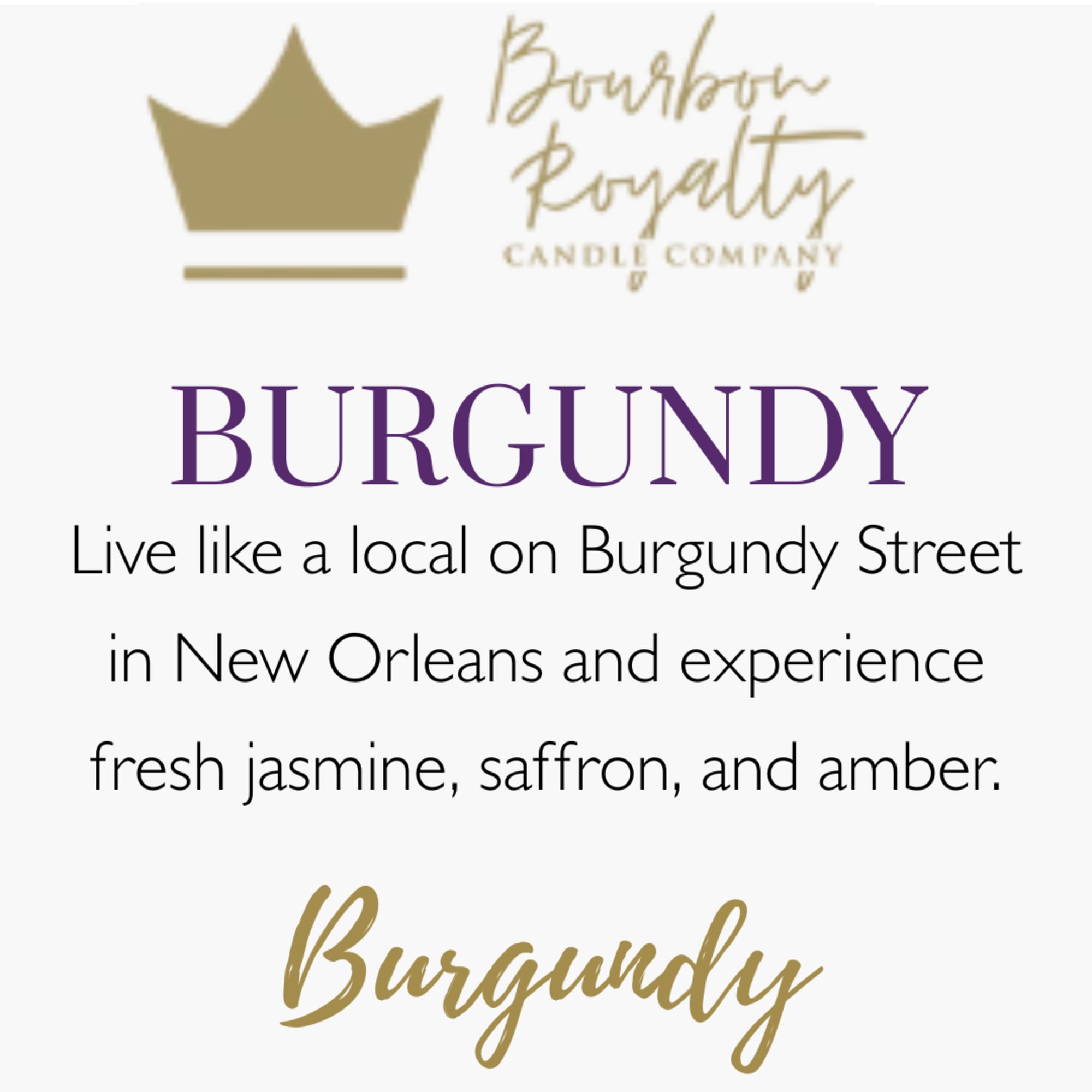 Text graphic for Burgundy candle scent with a crown logo