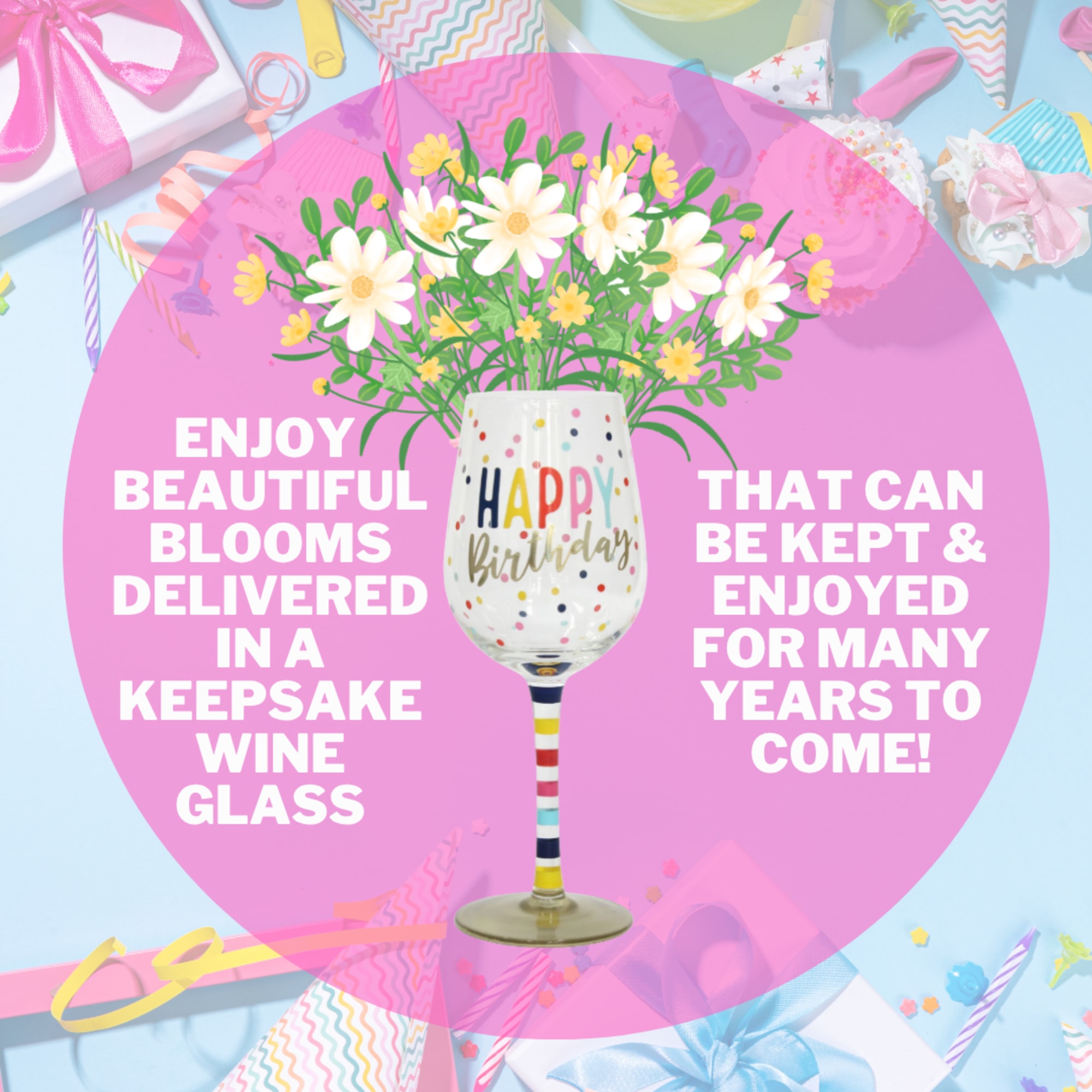 Enjoy a beautiful birthday floral arrangement delivered in a hand painted wine, photo 2 of 2