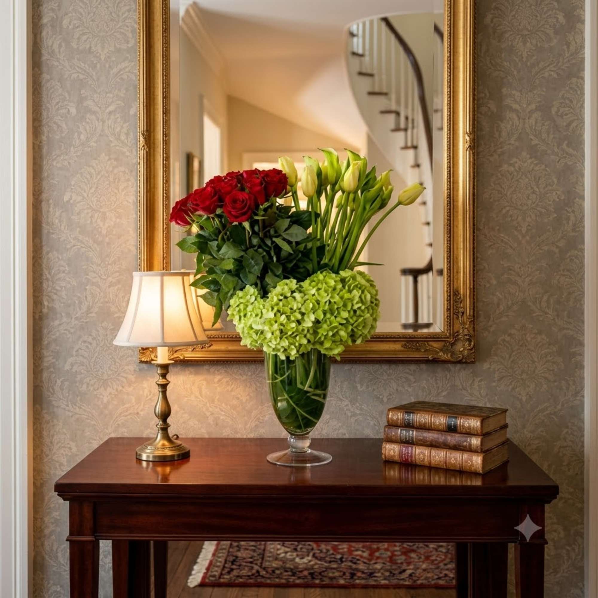 Red roses and green hydrangeas in a glass vase on a table