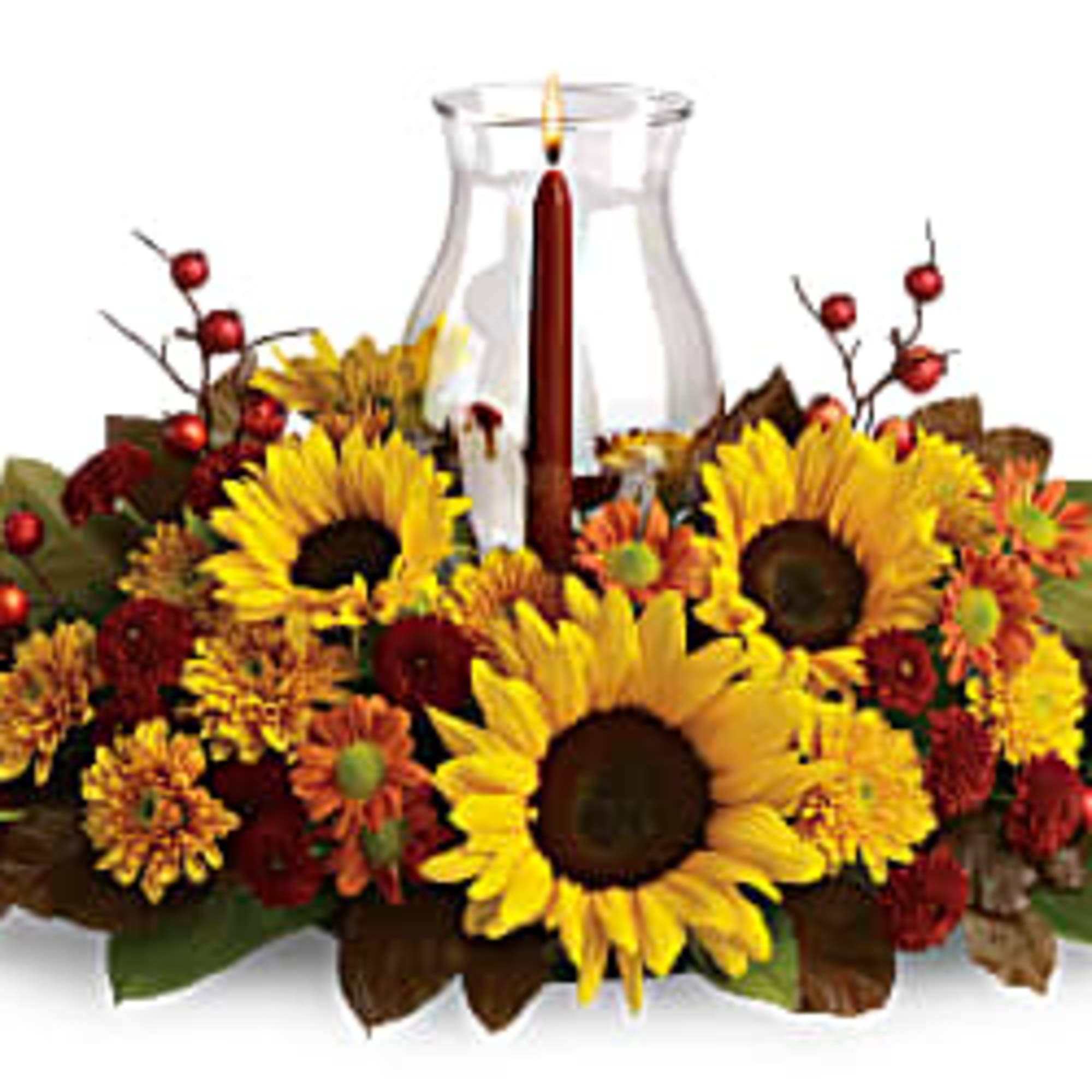 Sunflower and autumn flower centerpiece around a glass candle holder