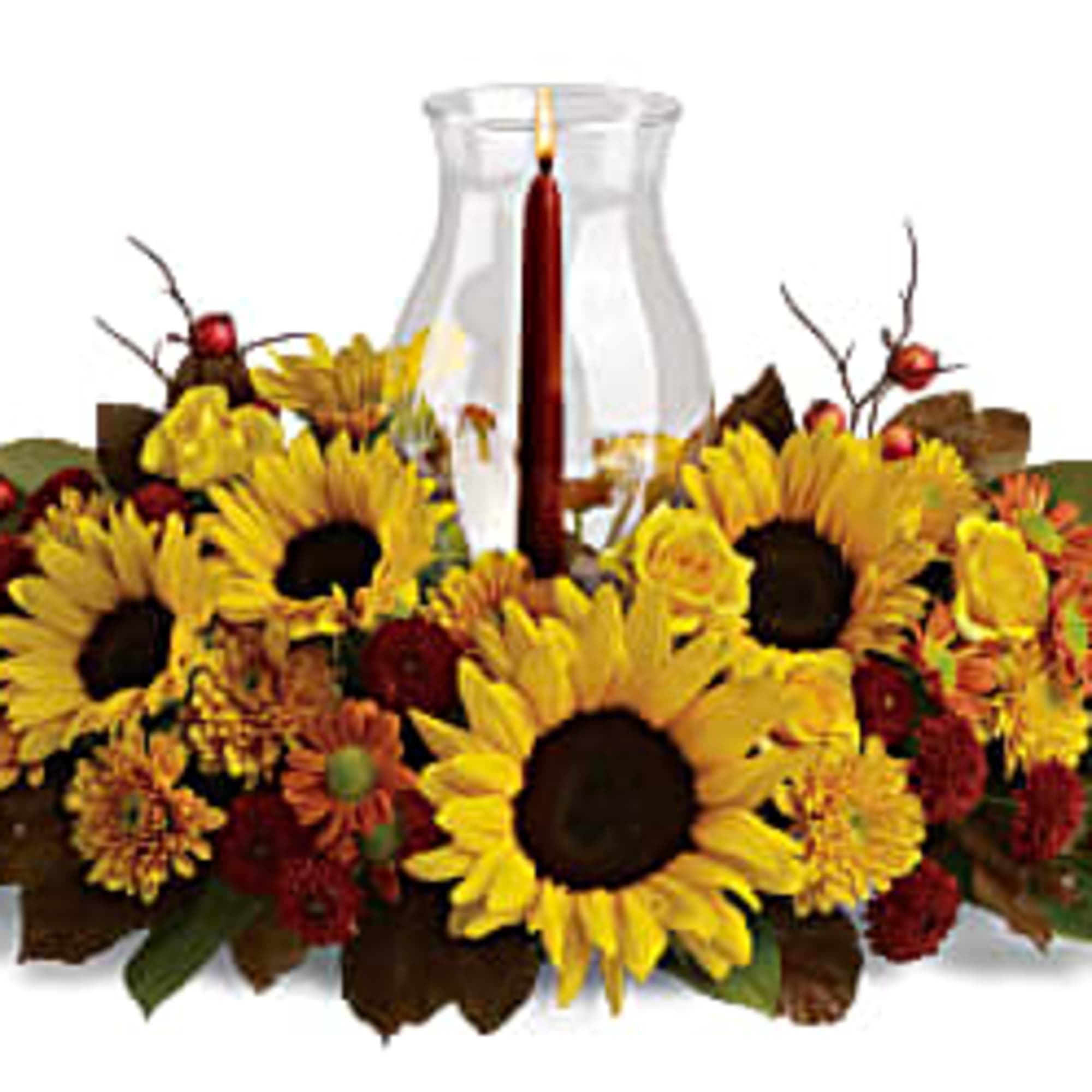Sunflower and autumn flower centerpiece around a glass hurricane candle holder