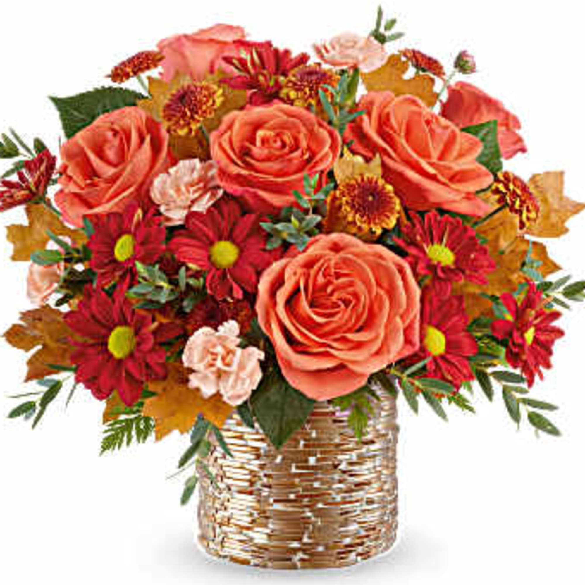 Orange roses and red daisies in a woven basket