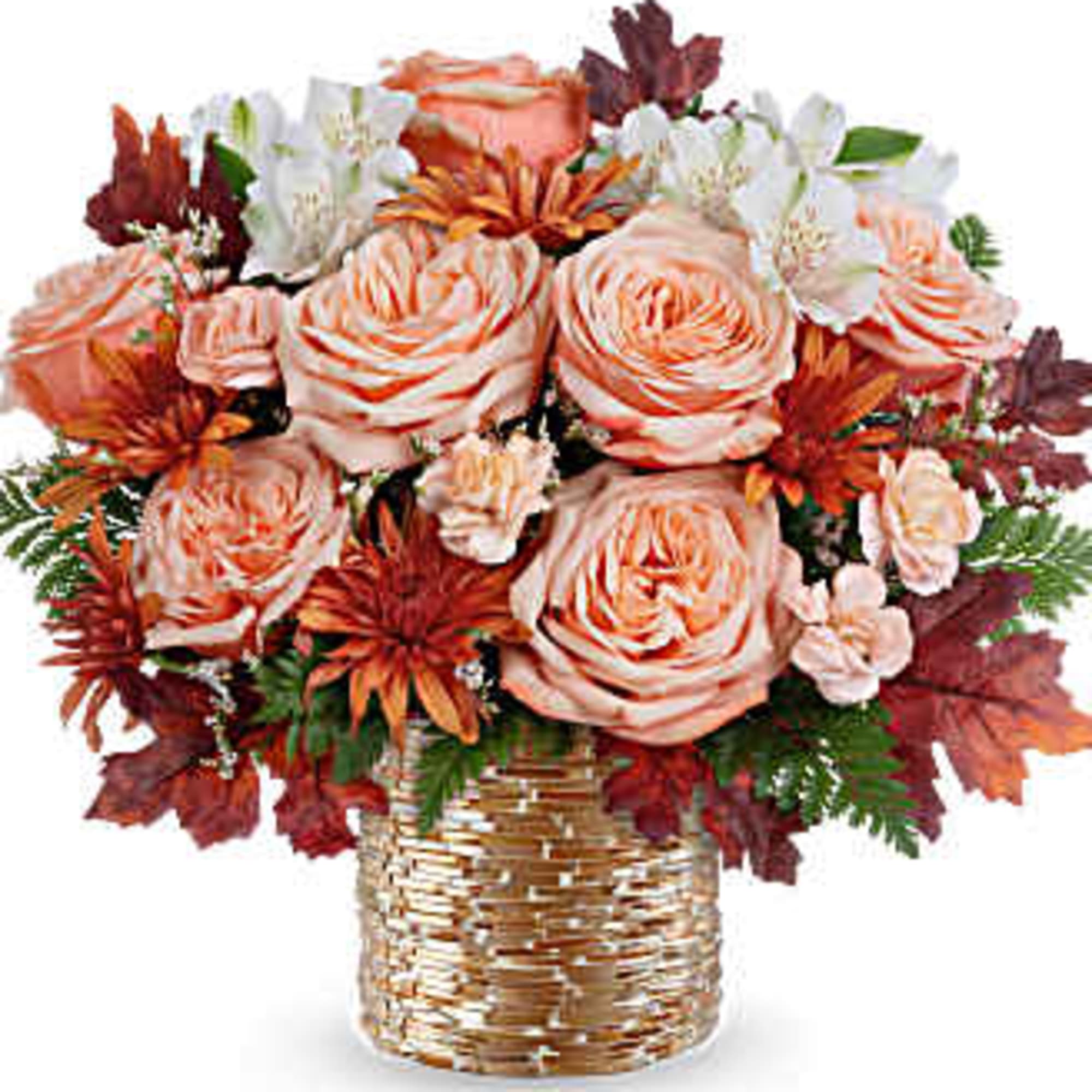 Peach and white roses in a woven basket with autumn flowers