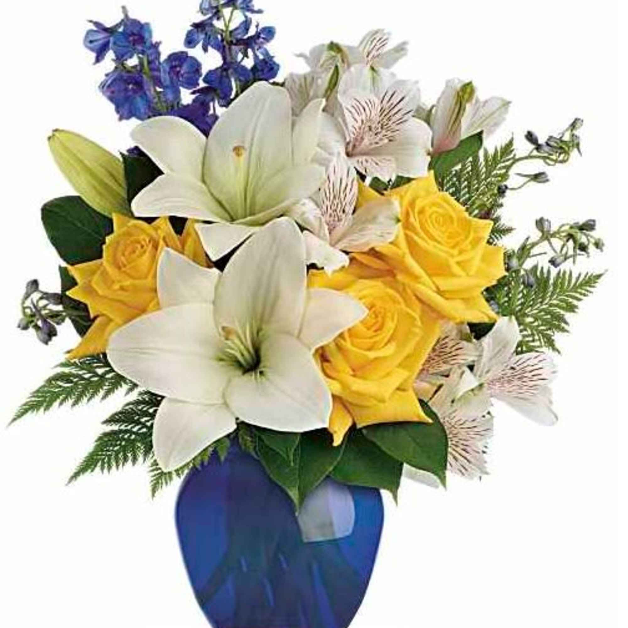 Bouquet of white lilies, yellow roses, and blue flowers in a blue vase