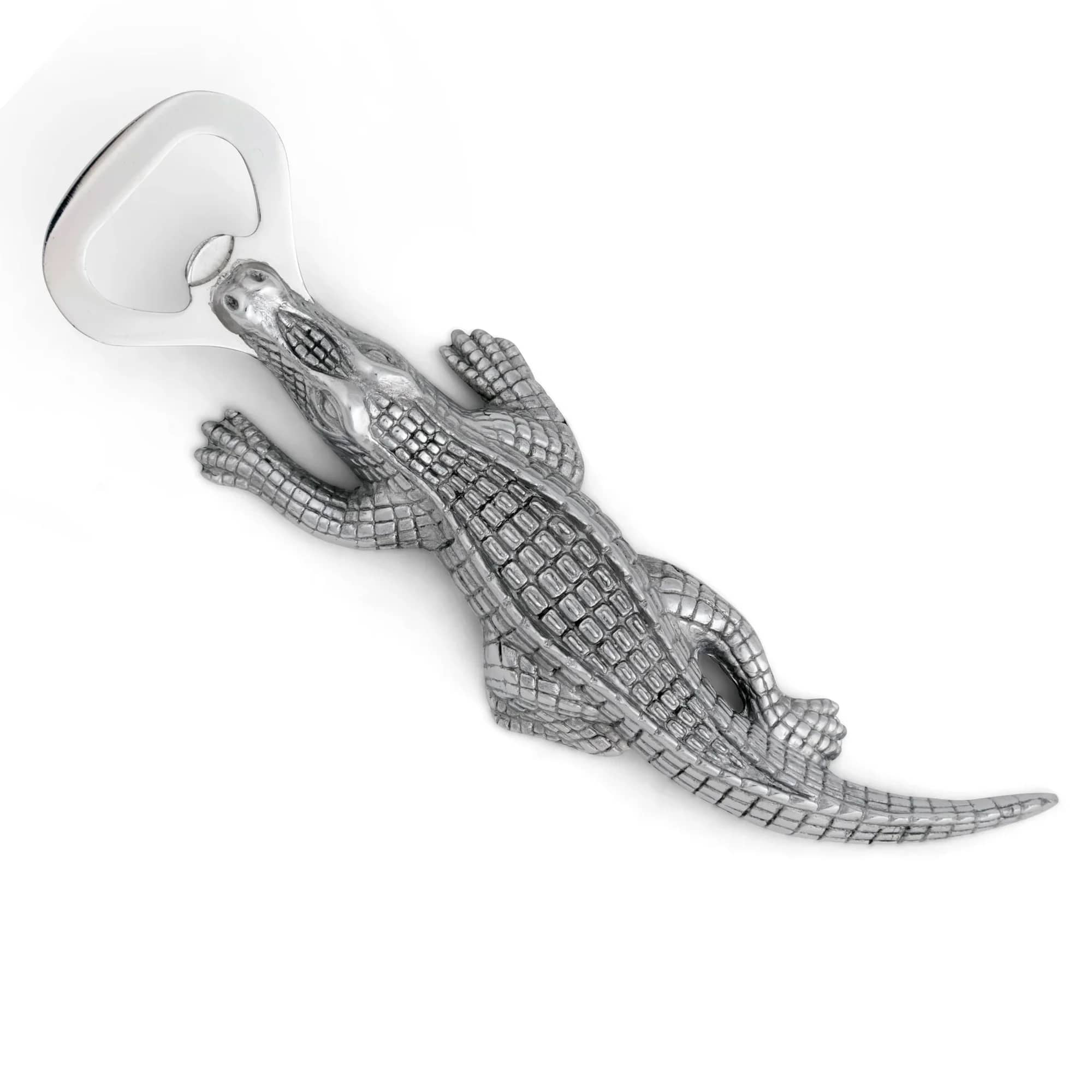 Silver crocodile-shaped bottle opener on a white background
