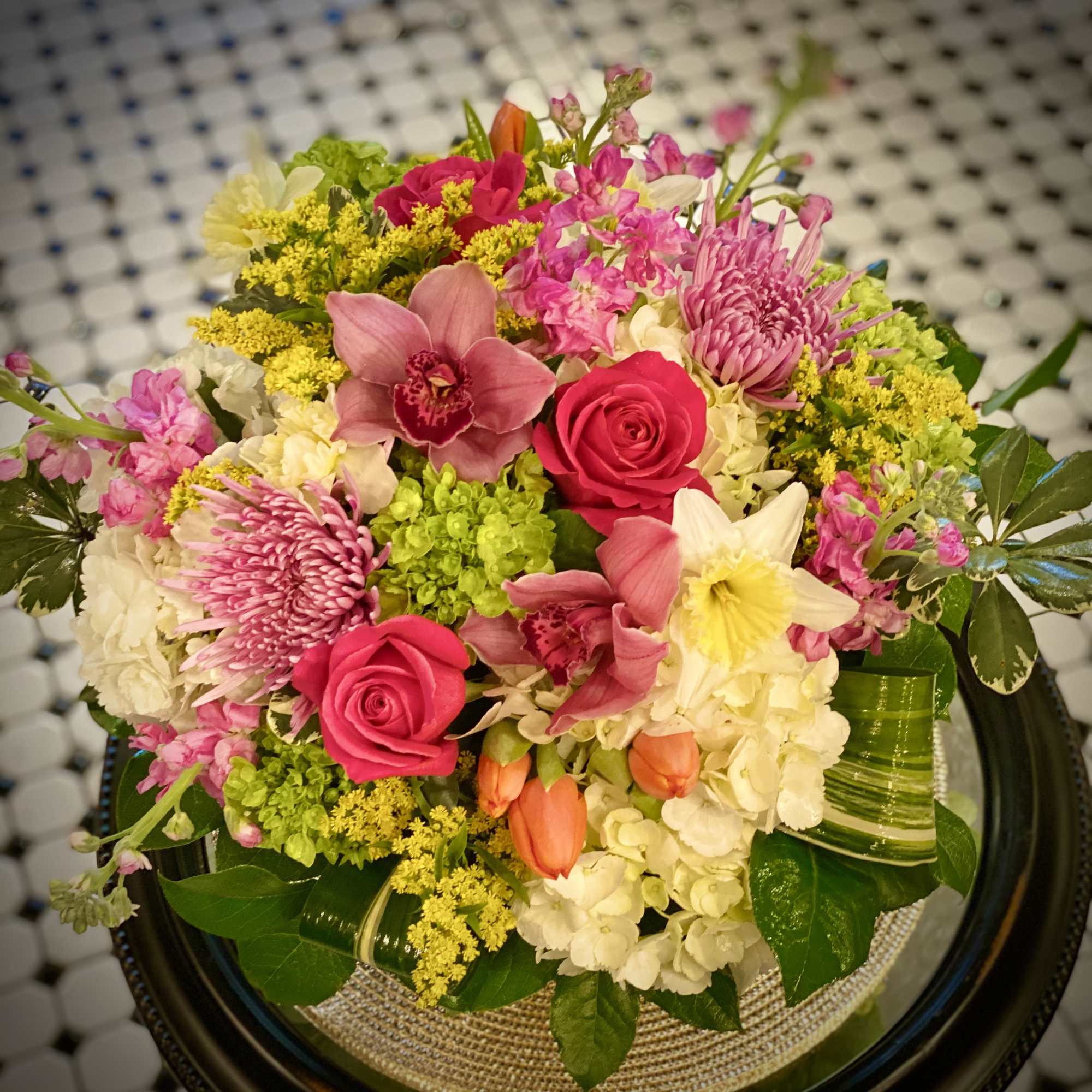 Mixed bouquet with pink roses, orchids, chrysanthemums, and white hydrangeas, photo 5 of 6