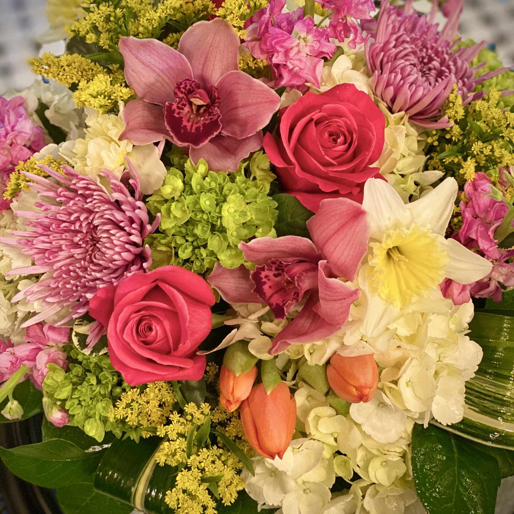 Mixed bouquet with pink roses, orchids, chrysanthemums, and white hydrangeas, photo 6 of 6