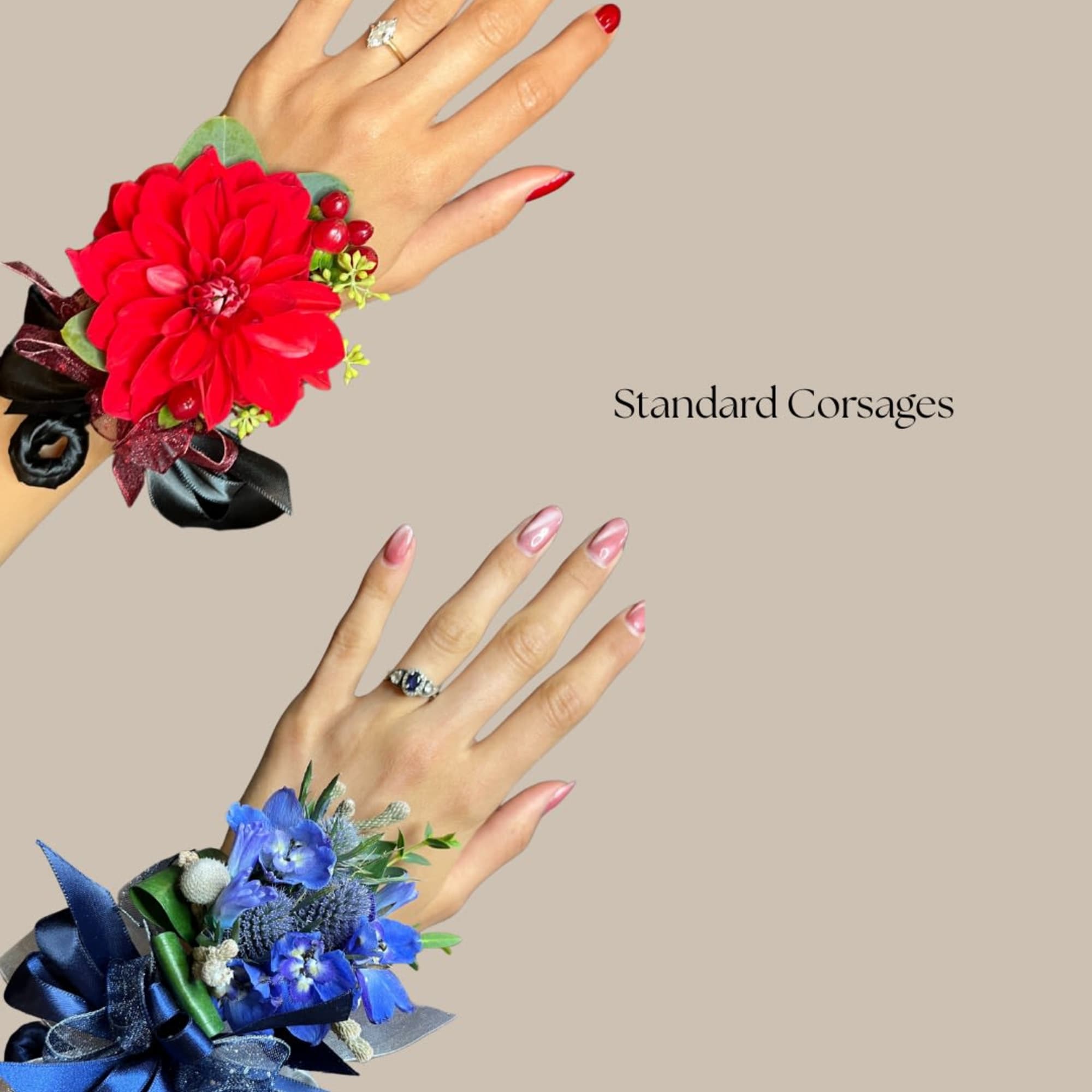 Two floral wrist corsages, one red and one blue, on hands