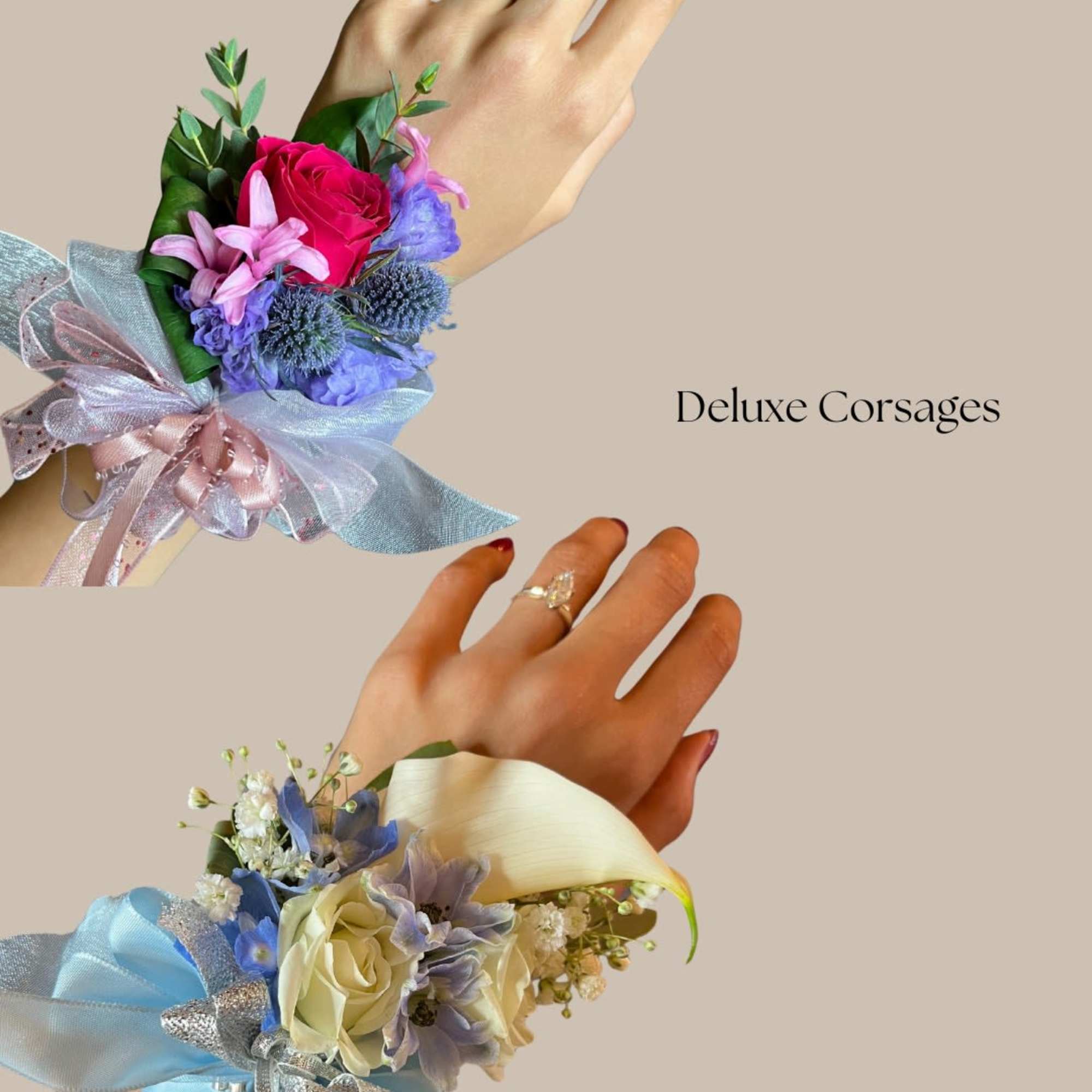 Two floral corsages with ribbon bows on hands