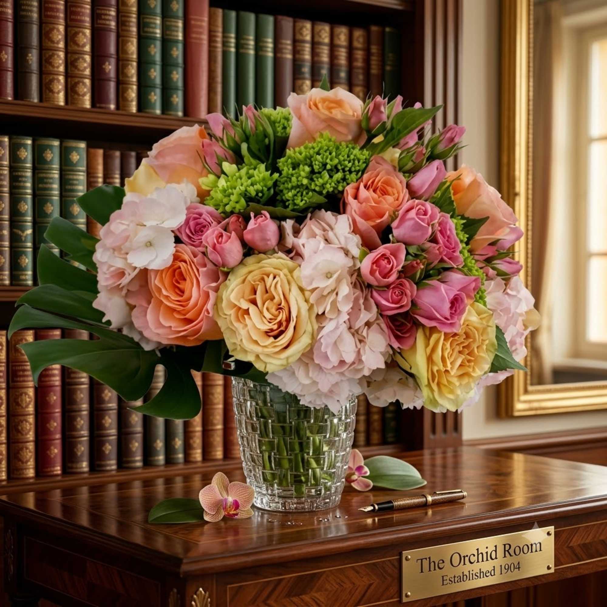 Mixed bouquet of roses and orchids in a clear glass vase
