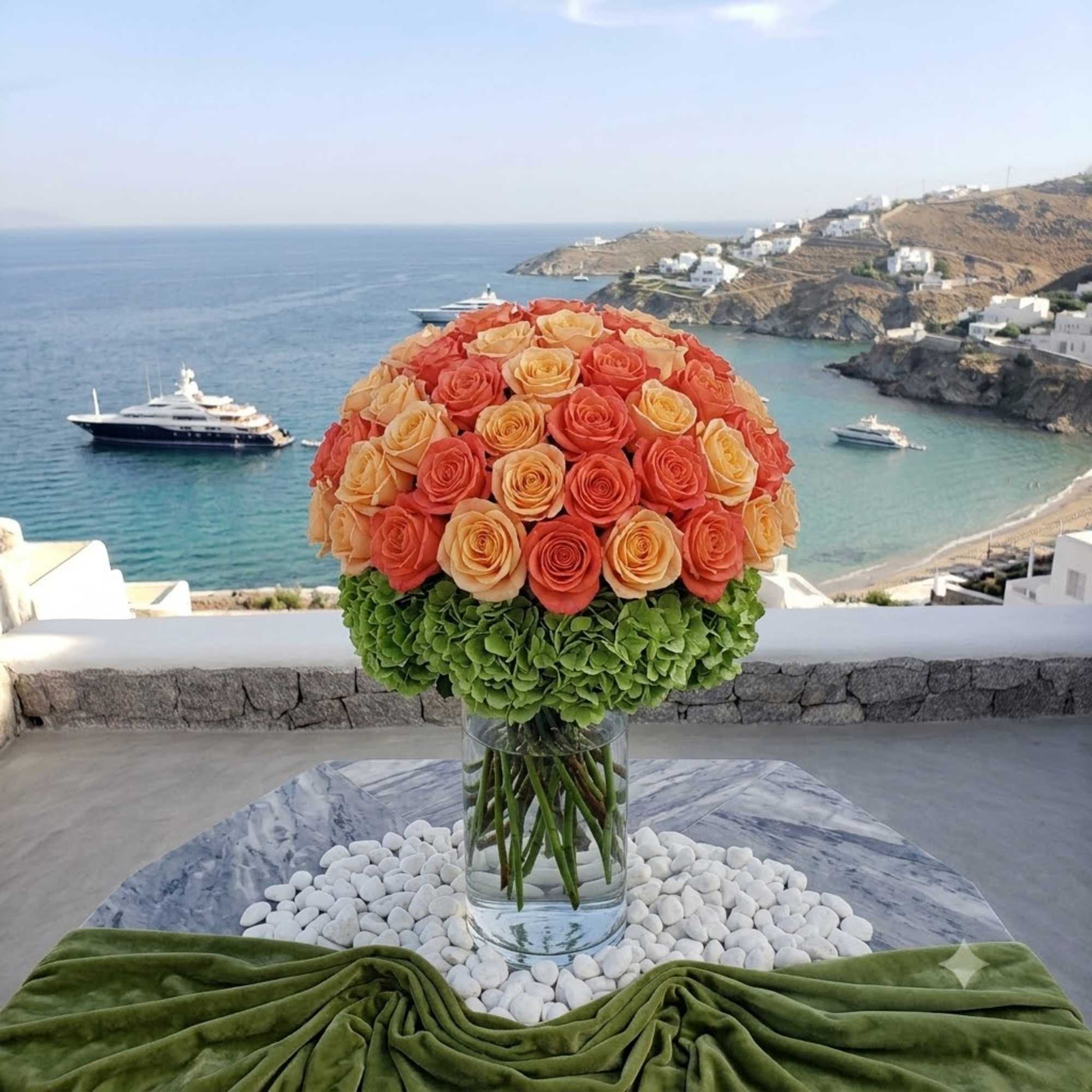 Round bouquet of peach and coral roses in a glass vase