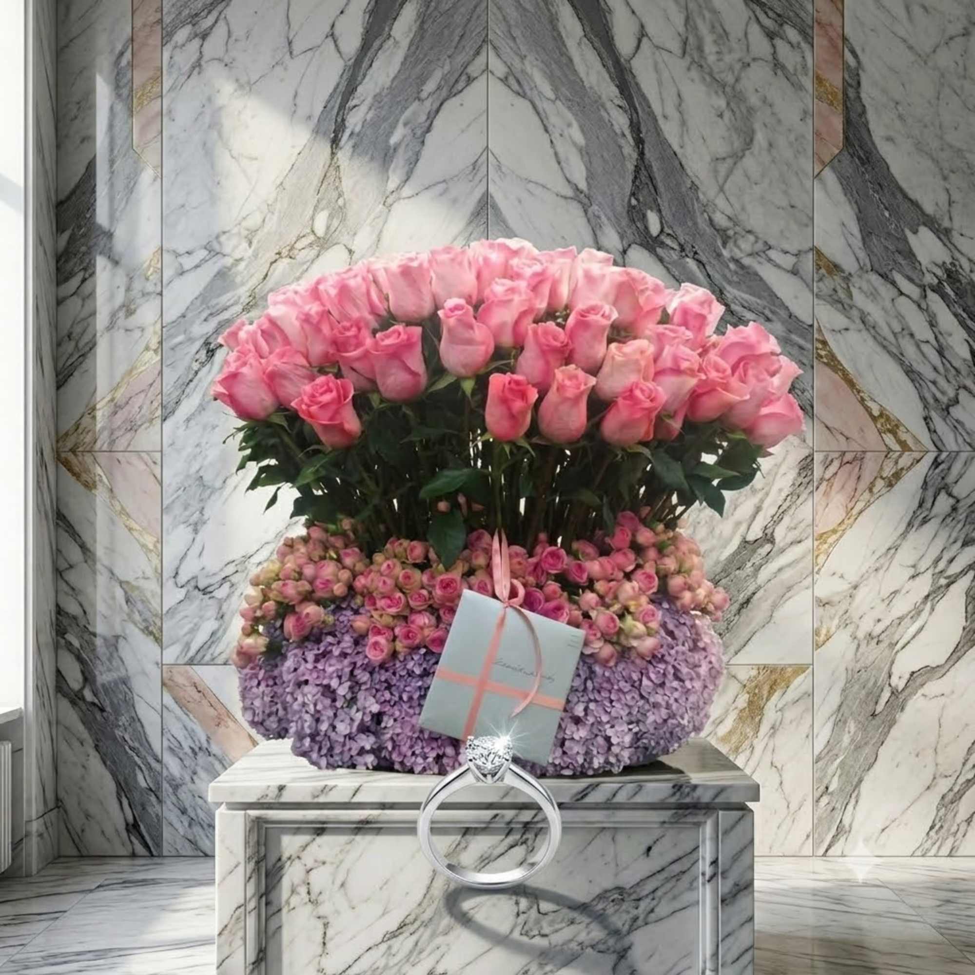 Large arrangement of pink roses and lavender hydrangeas with a gift card