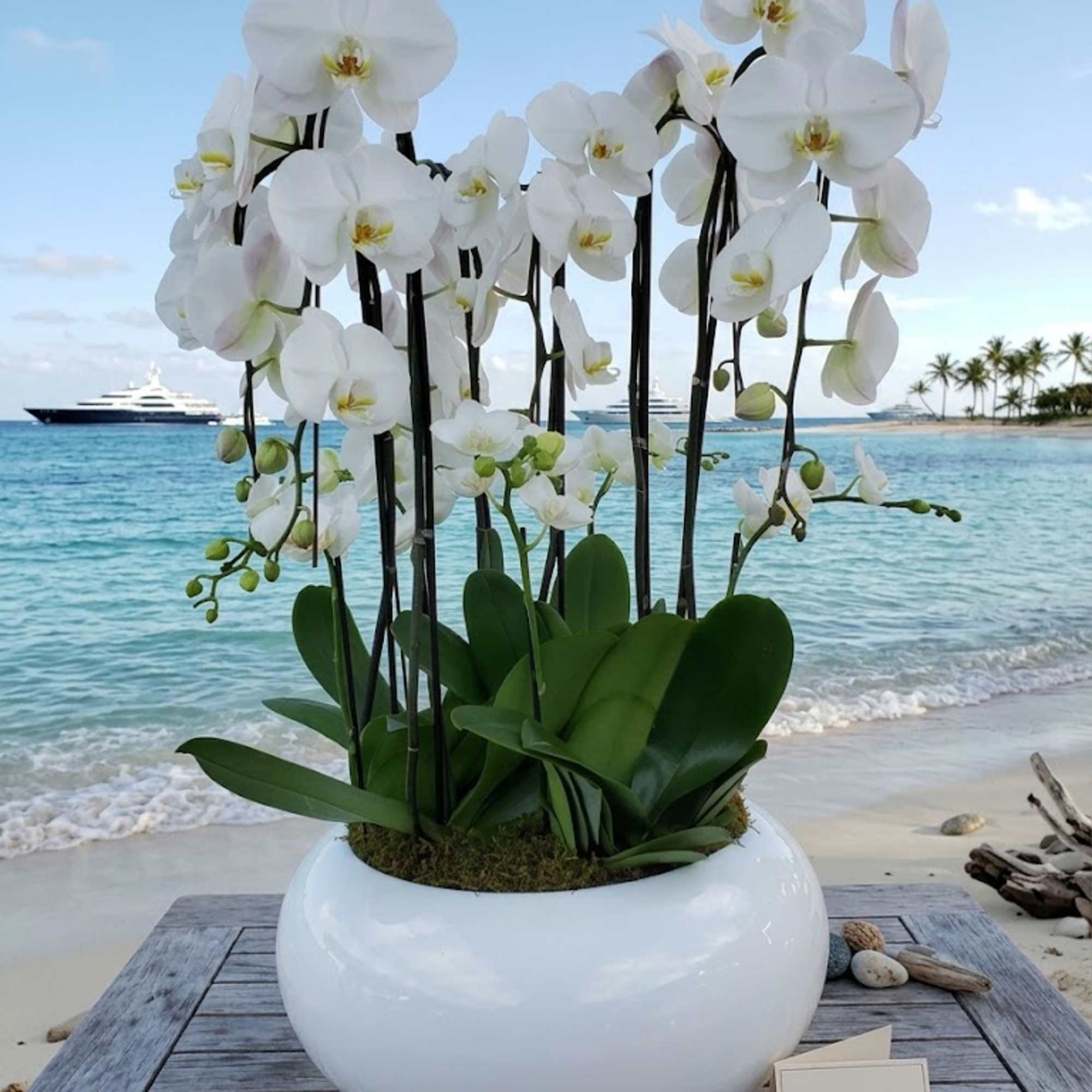 White orchids in a round white planter on a beachside table