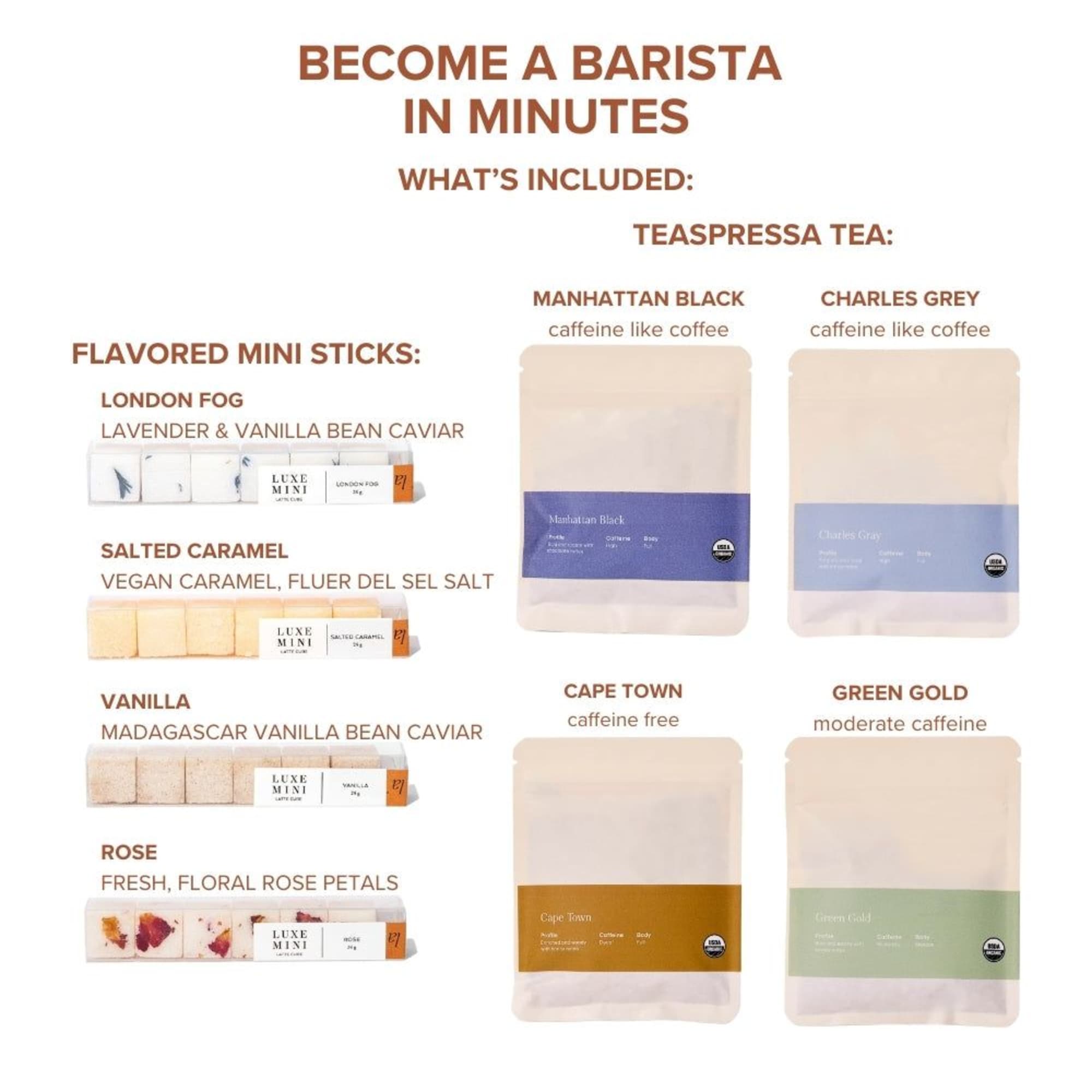 Assorted tea and flavored mini sticks in labeled packages