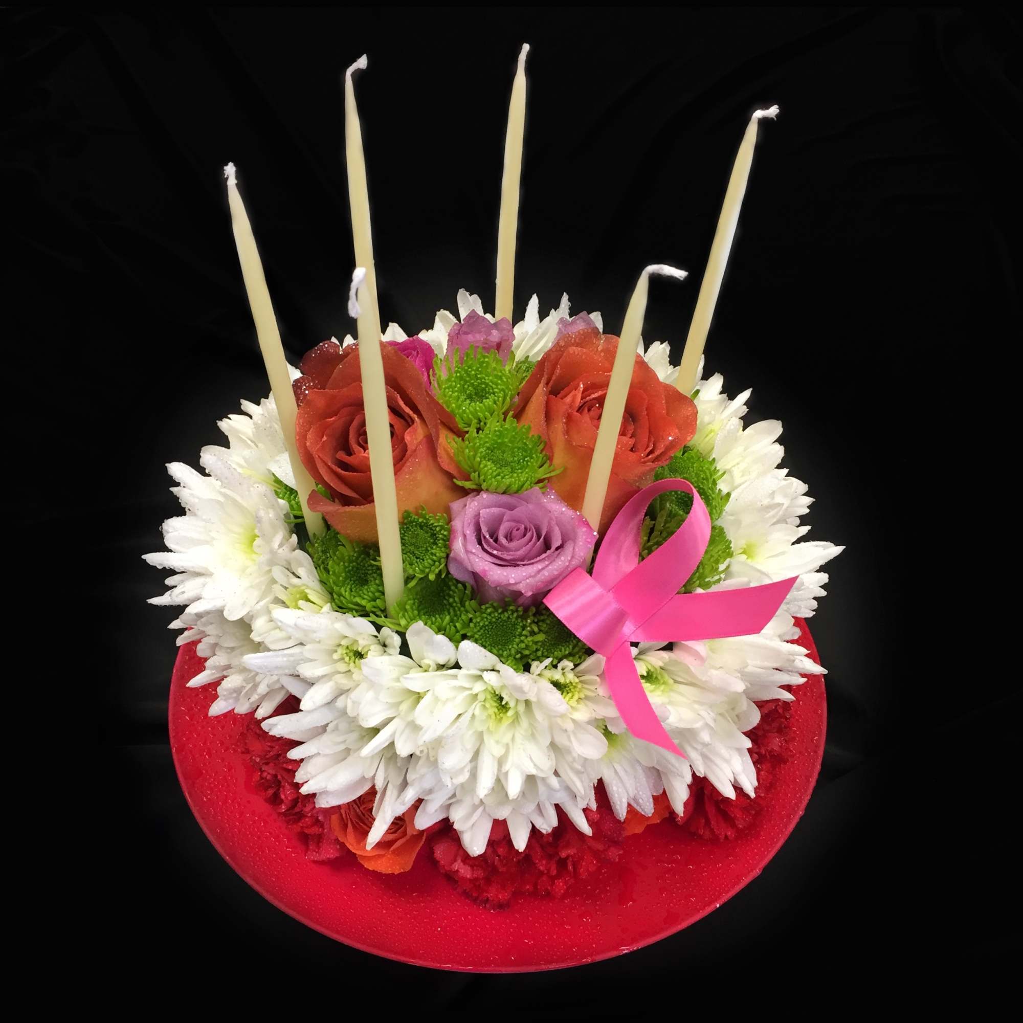 Floral cake including fresh flowers and candles. CUSTOMER CAN CHOOSE ANY COLOR.