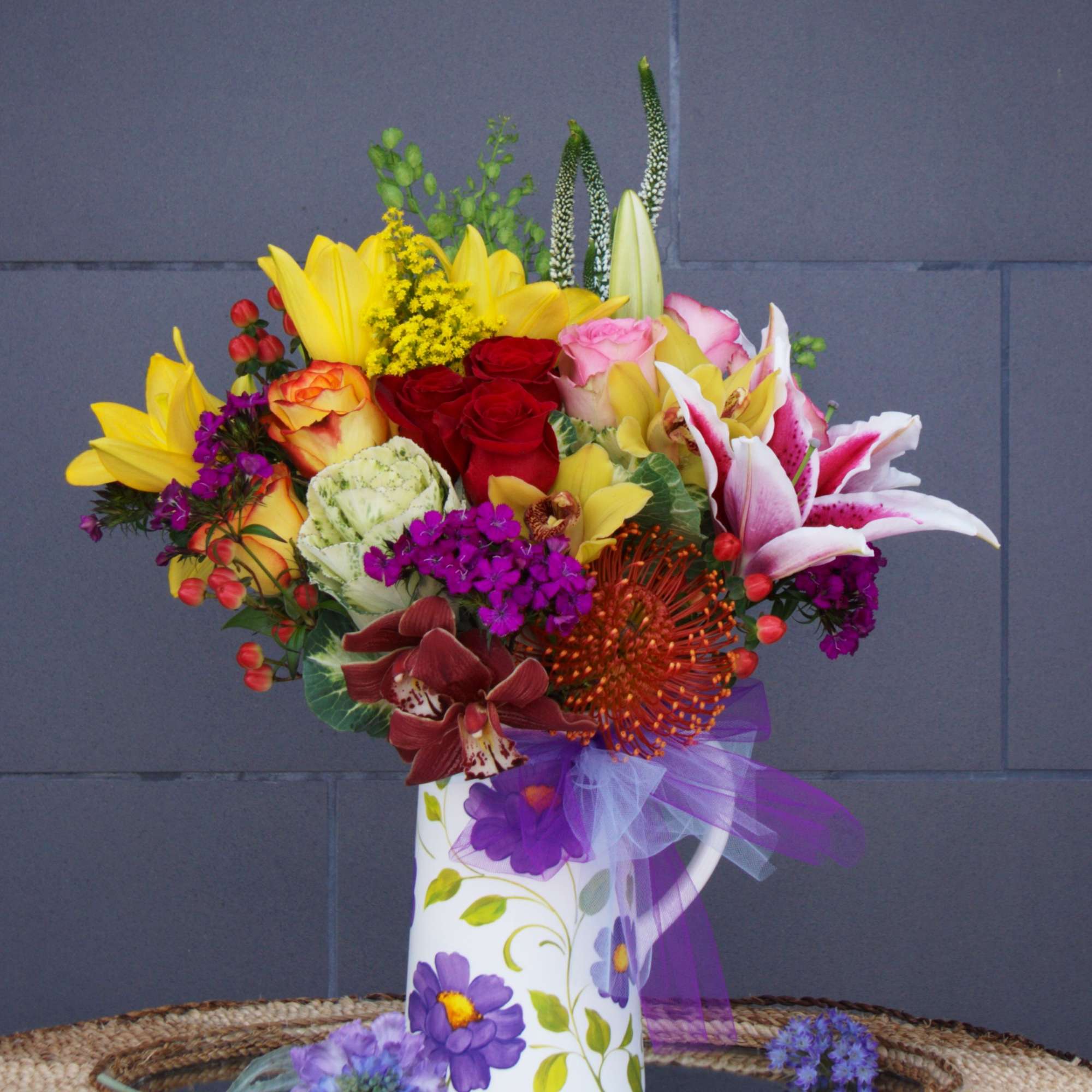 Colorful design including all premium fresh flowers: rose, orchid, lily... in a, photo 3 of 3
