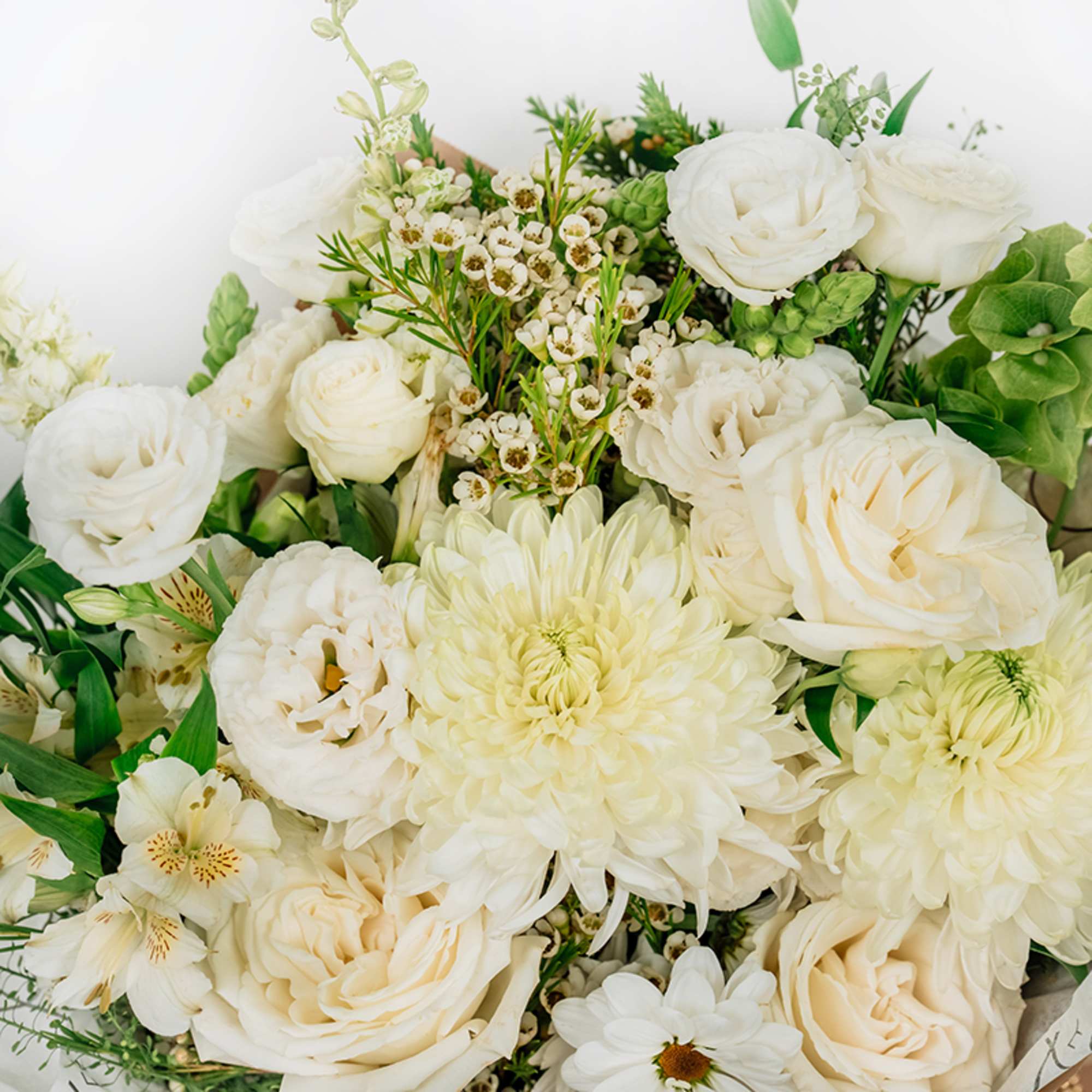 Creamy white bouquet with large blooms and small white filler flowers