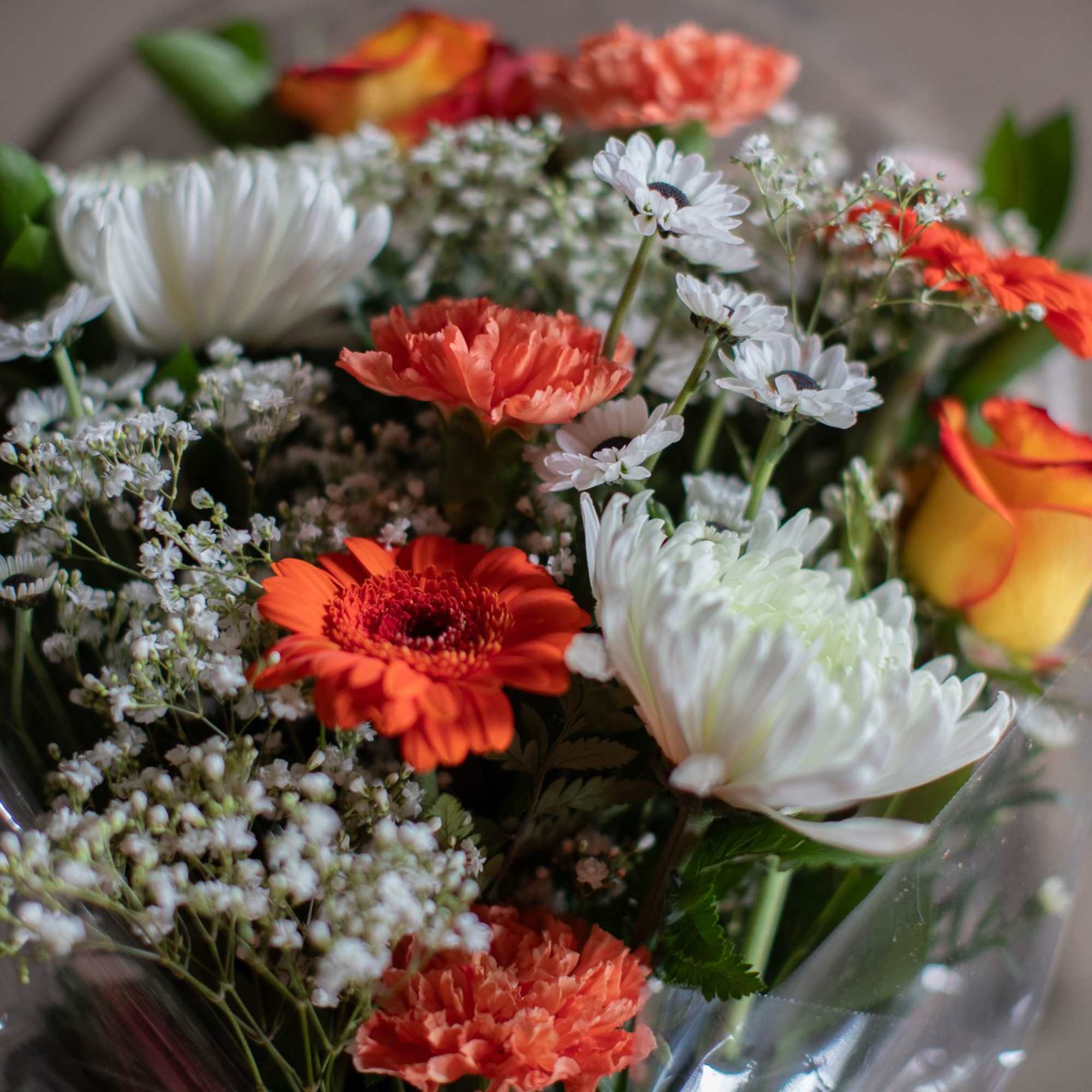 Bouquet of orange, white, and yellow flowers wrapped in clear plastic