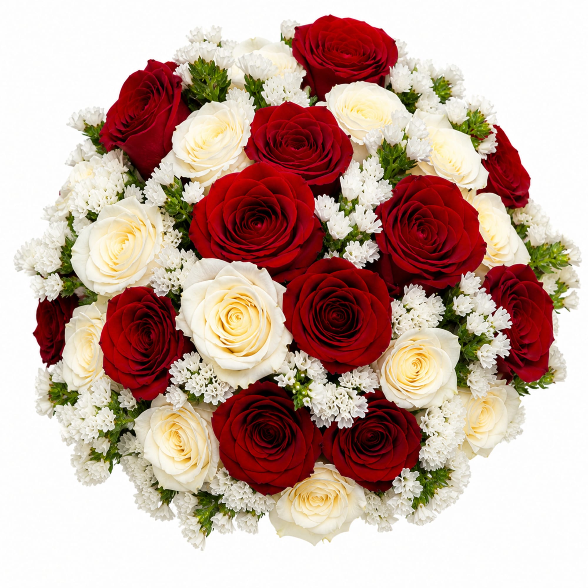 Round bouquet of red and white roses with small white filler flowers