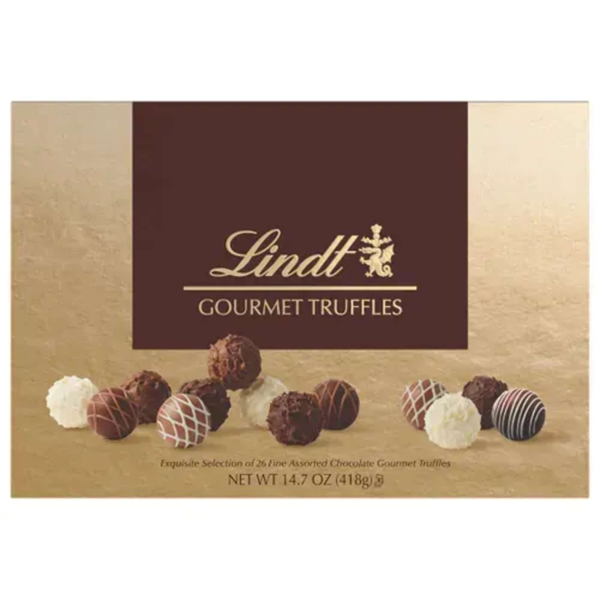 Gold and brown box of assorted Lindt gourmet chocolate truffles