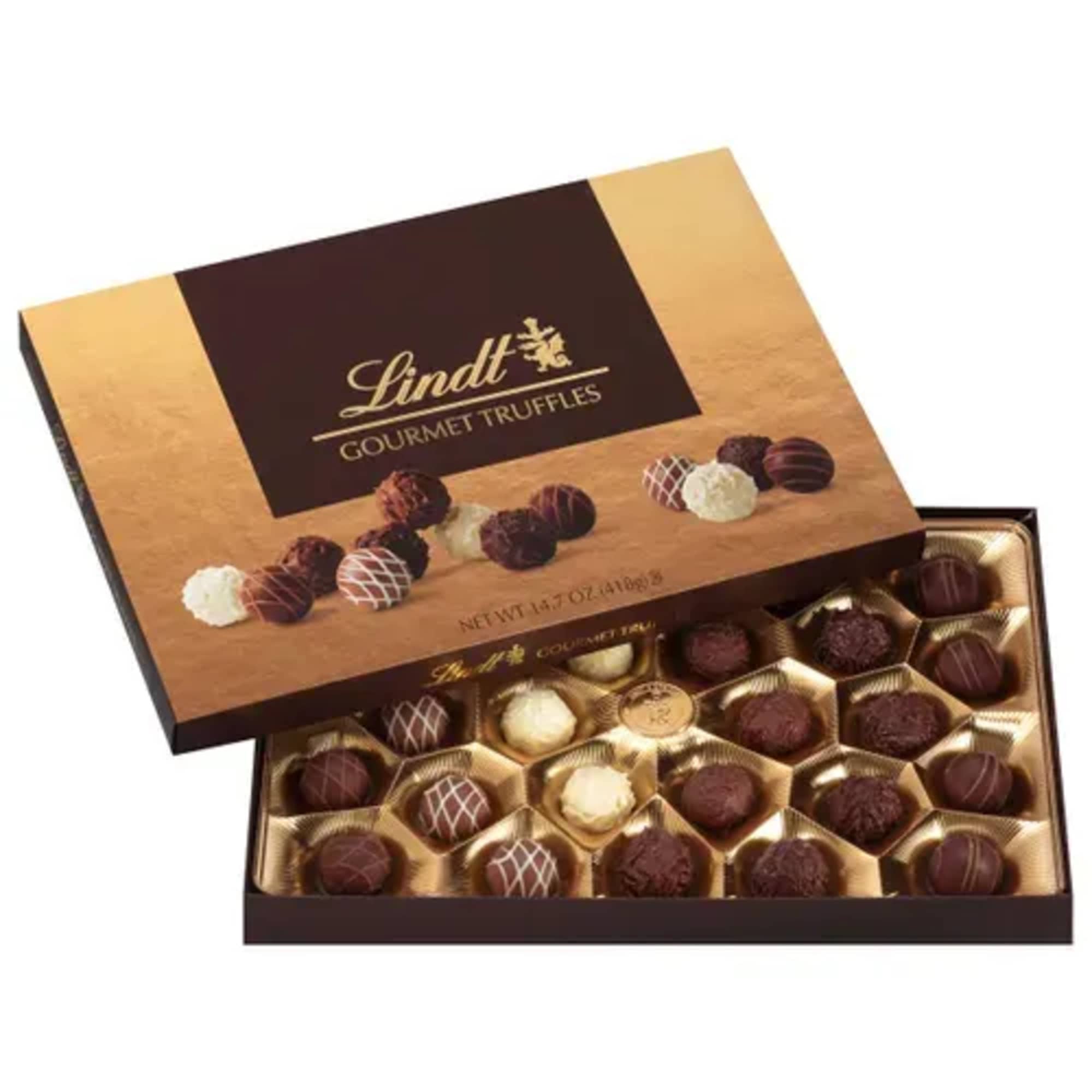 Box of assorted Lindt gourmet chocolate truffles with lid partially open