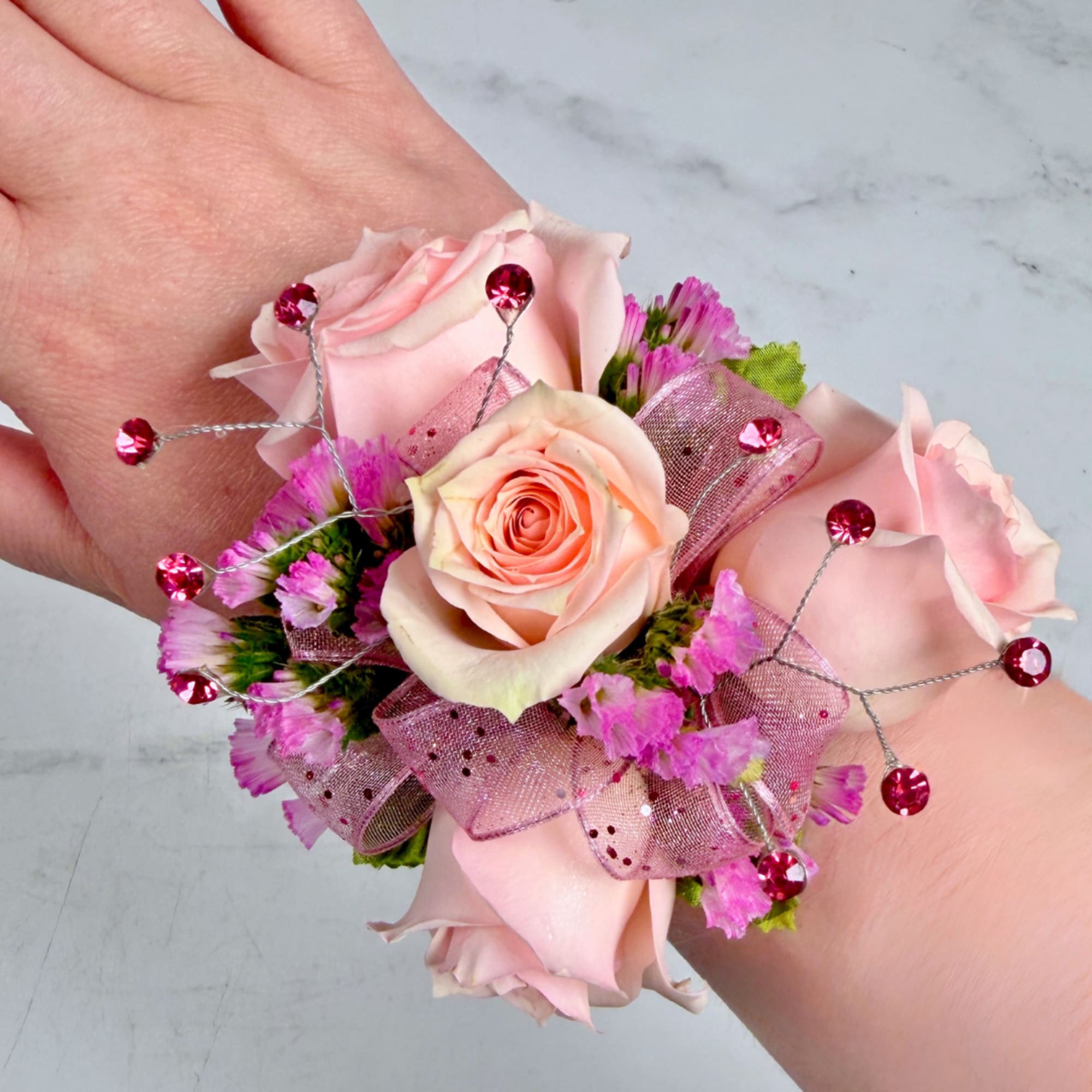 A cluster of petite blush pink spray roses accented with tiny pink, photo 4 of 4