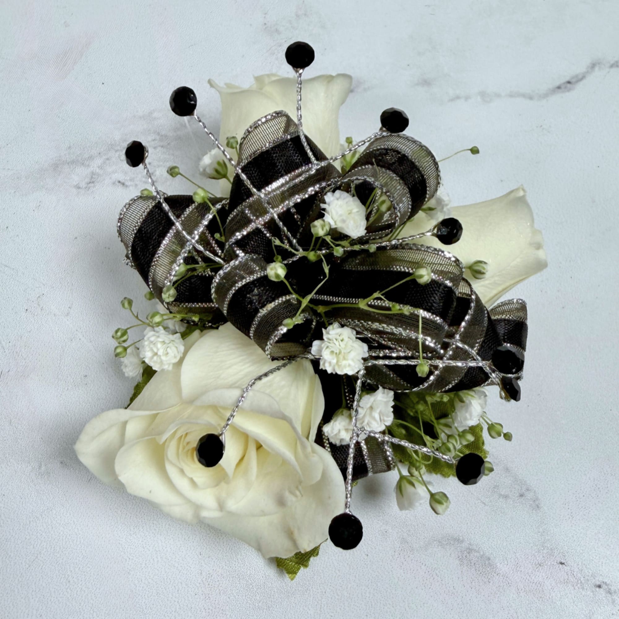 Petite cream-white spray roses contrasted with black and silver shimmering ribbon make, photo 3 of 3