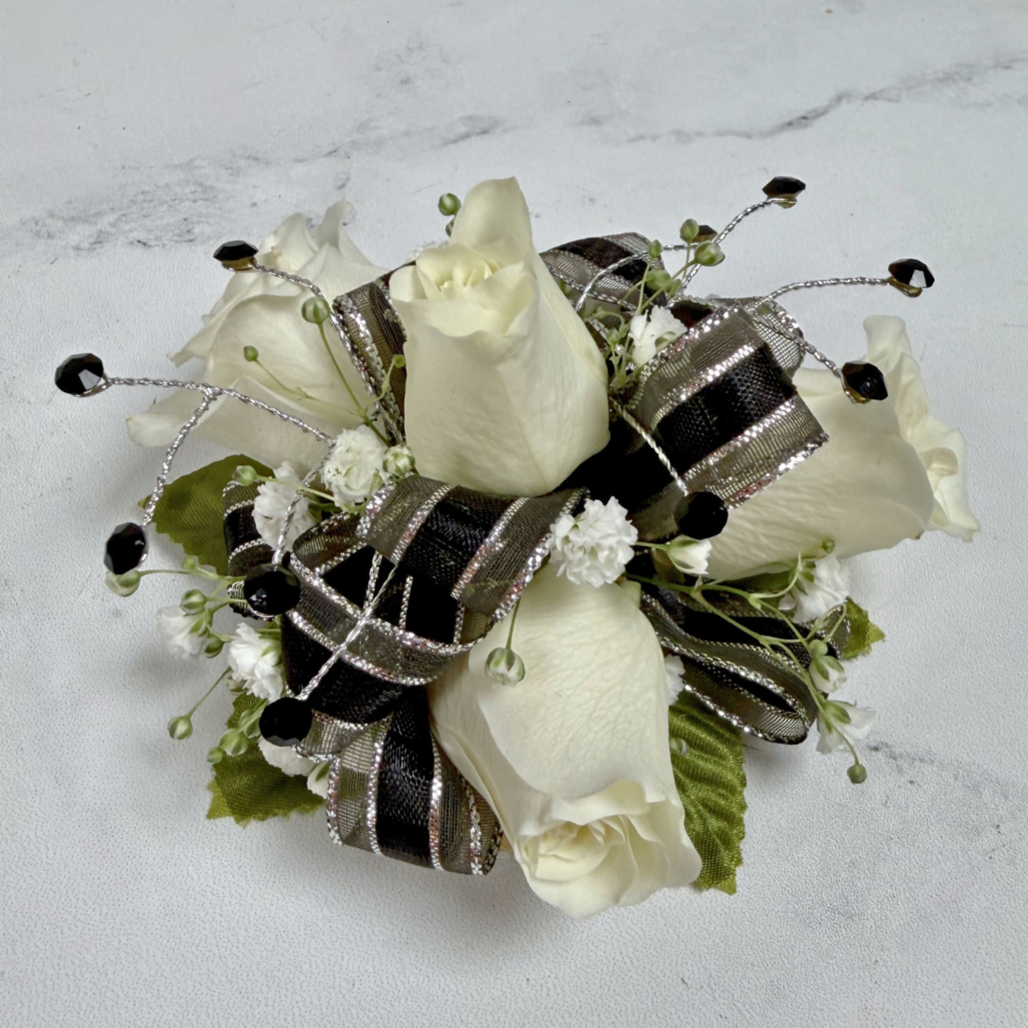 Petite cream-white spray roses contrasted with black and silver shimmering ribbon make, photo 3 of 4