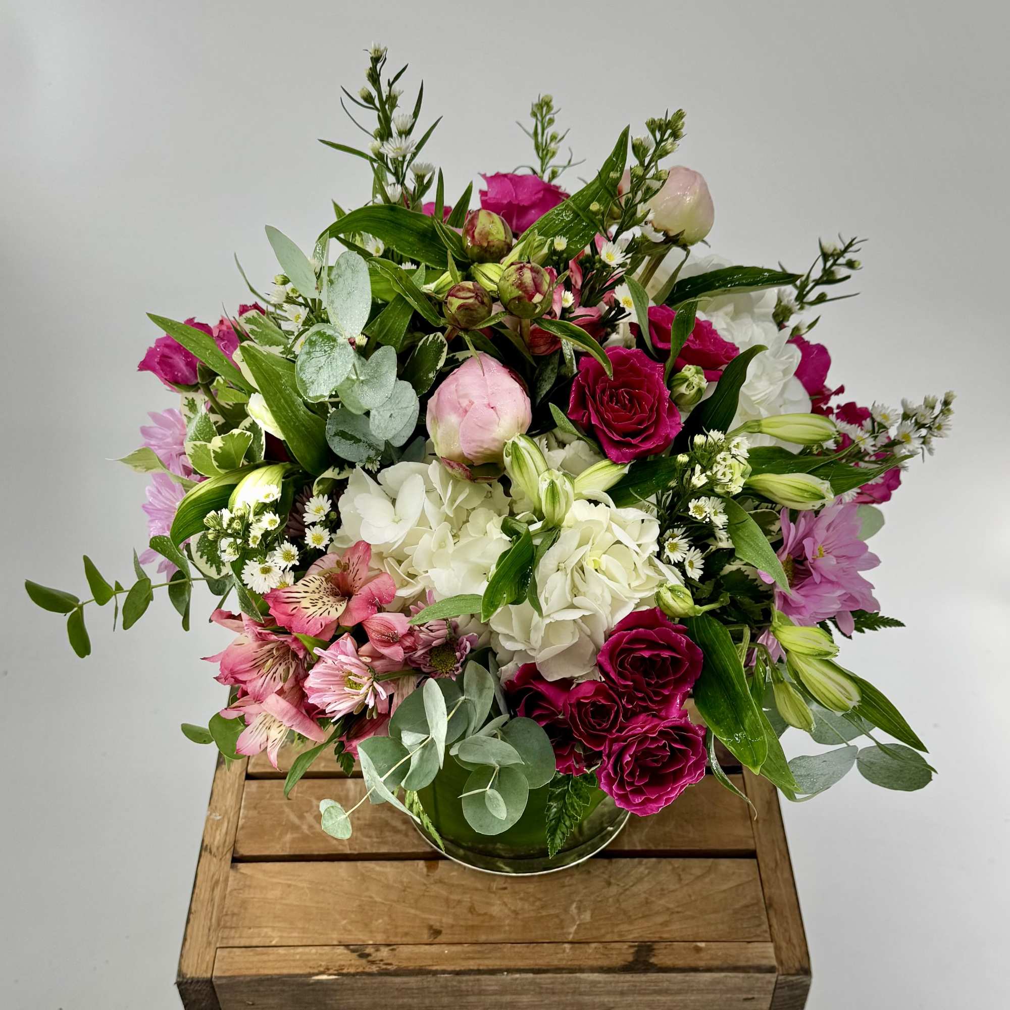 Elevate your space with this modern flower arrangement, showcasing peonies, hydrangeas, spray, photo 2 of 2