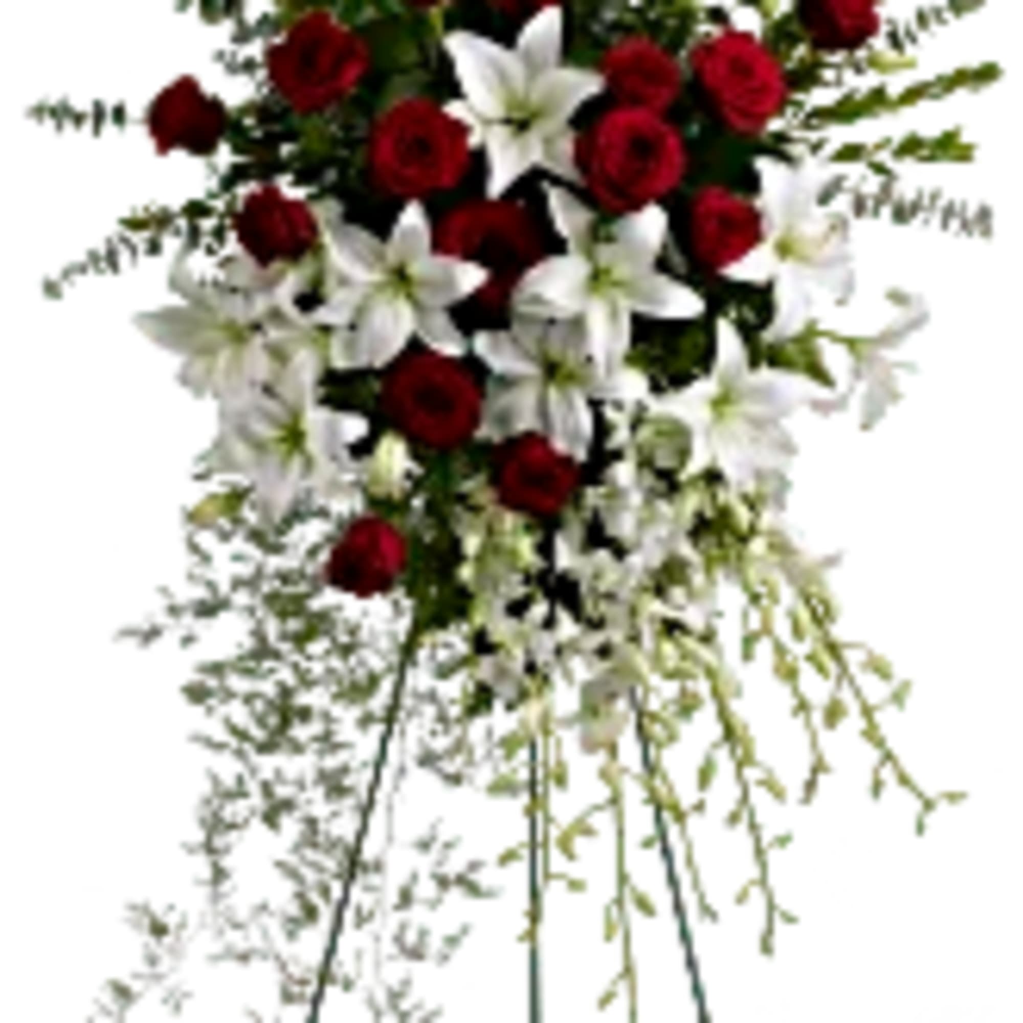 Standing floral spray with red roses and white lilies on a metal easel, photo 2 of 3