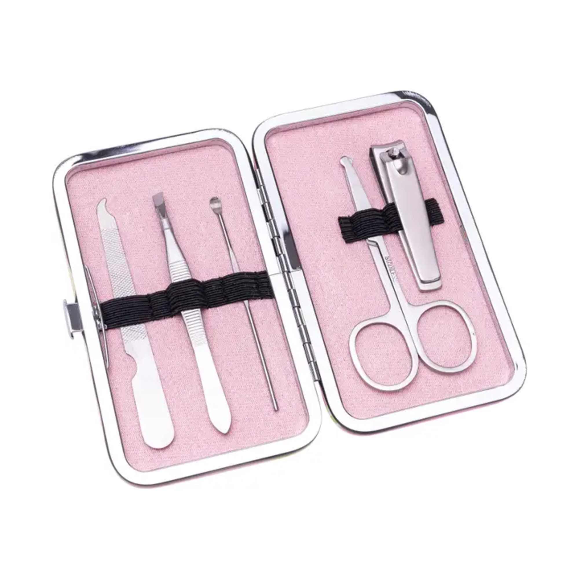 Pink manicure kit in an open metal case with nail tools