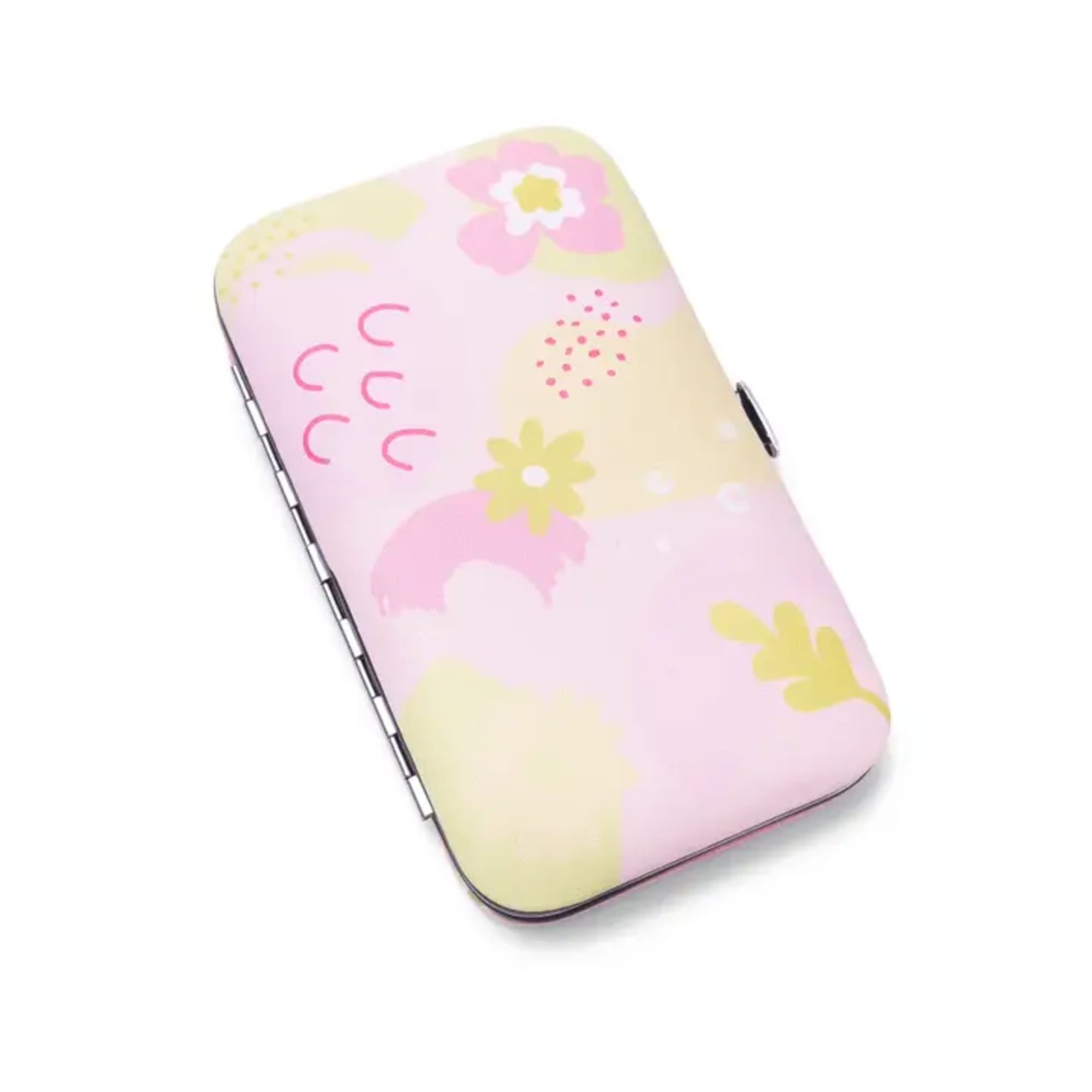 Pastel floral-patterned metal tin case with rounded corners