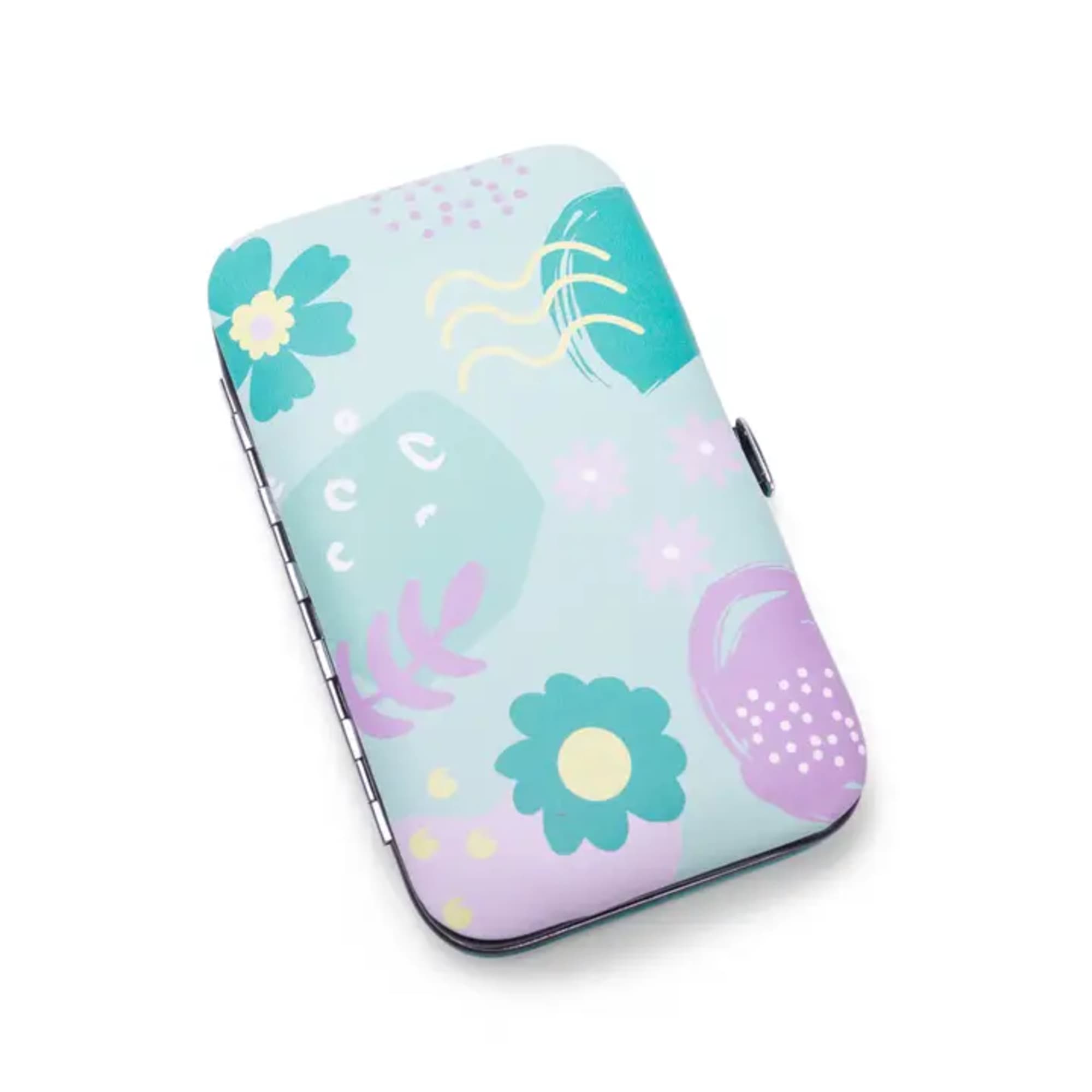 Pastel floral-patterned metal case with abstract flowers and shapes
