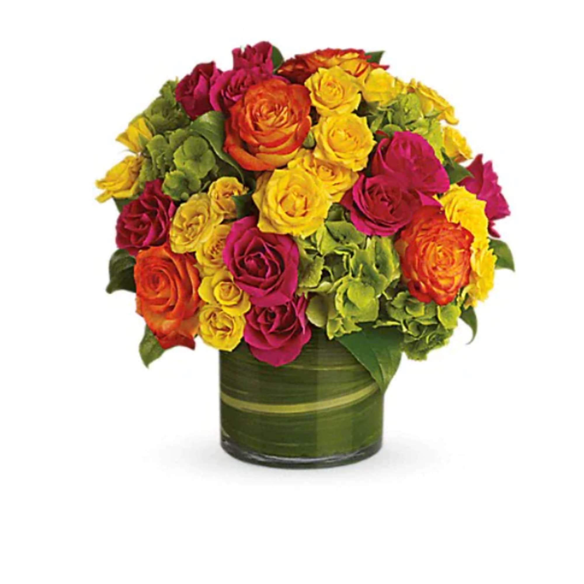 Colorful rose bouquet in a green glass vase