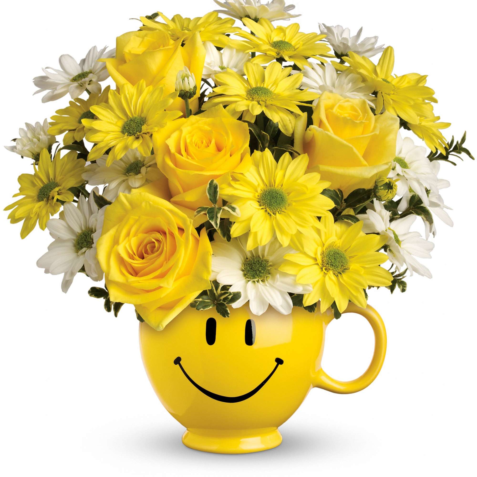 Yellow roses and white and yellow daisies arranged in a yellow smiley-face mug.