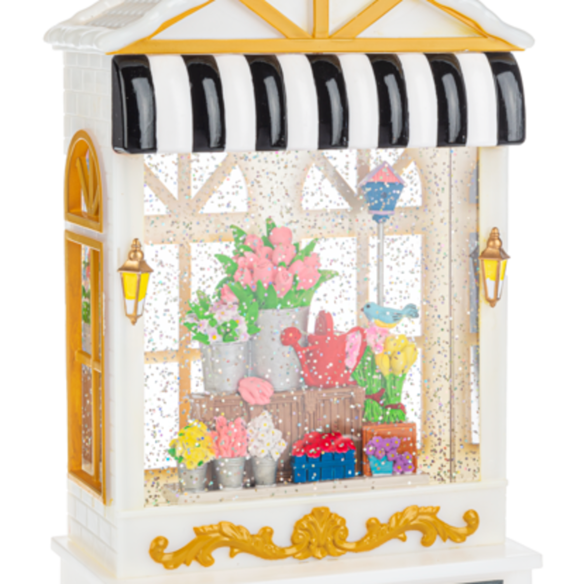 Decorative flower shop display with colorful potted blooms in a miniature storefront