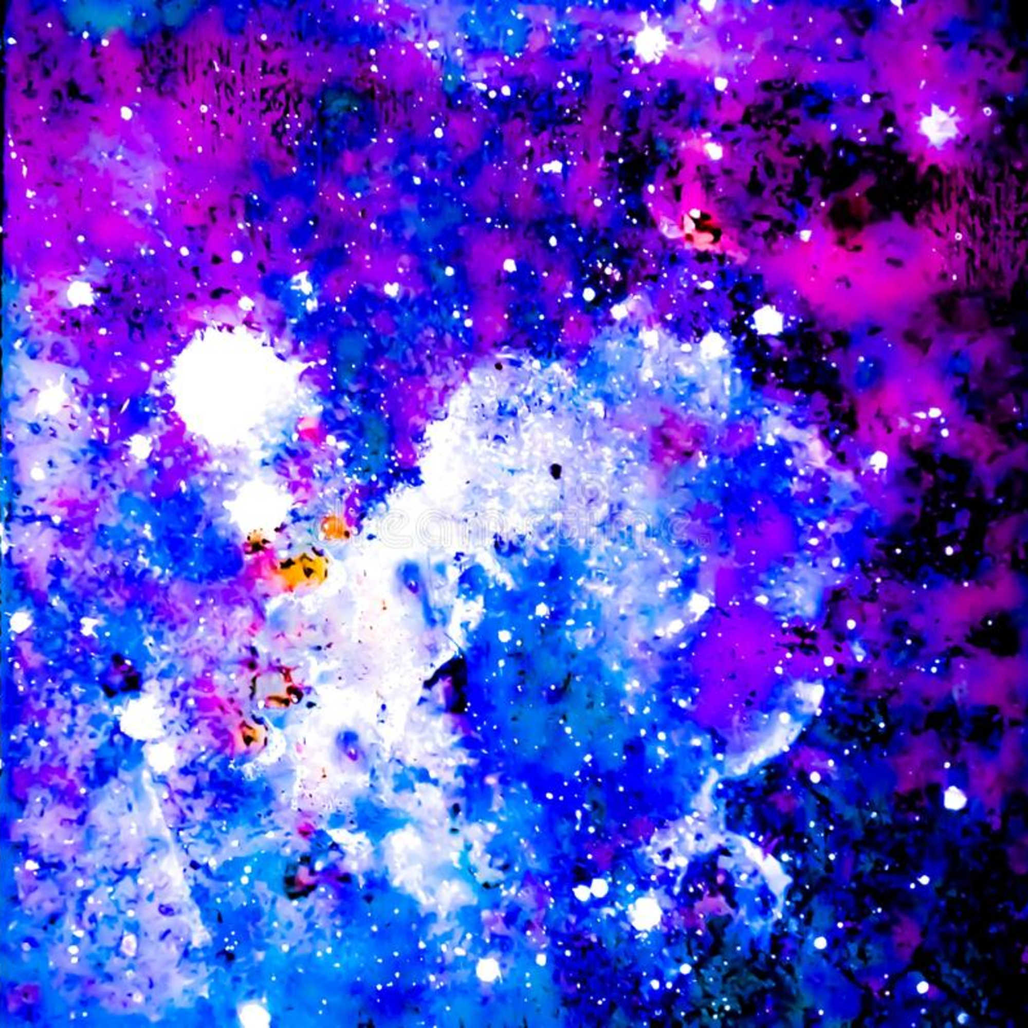 Abstract blue, purple, and white splattered artwork with bright specks