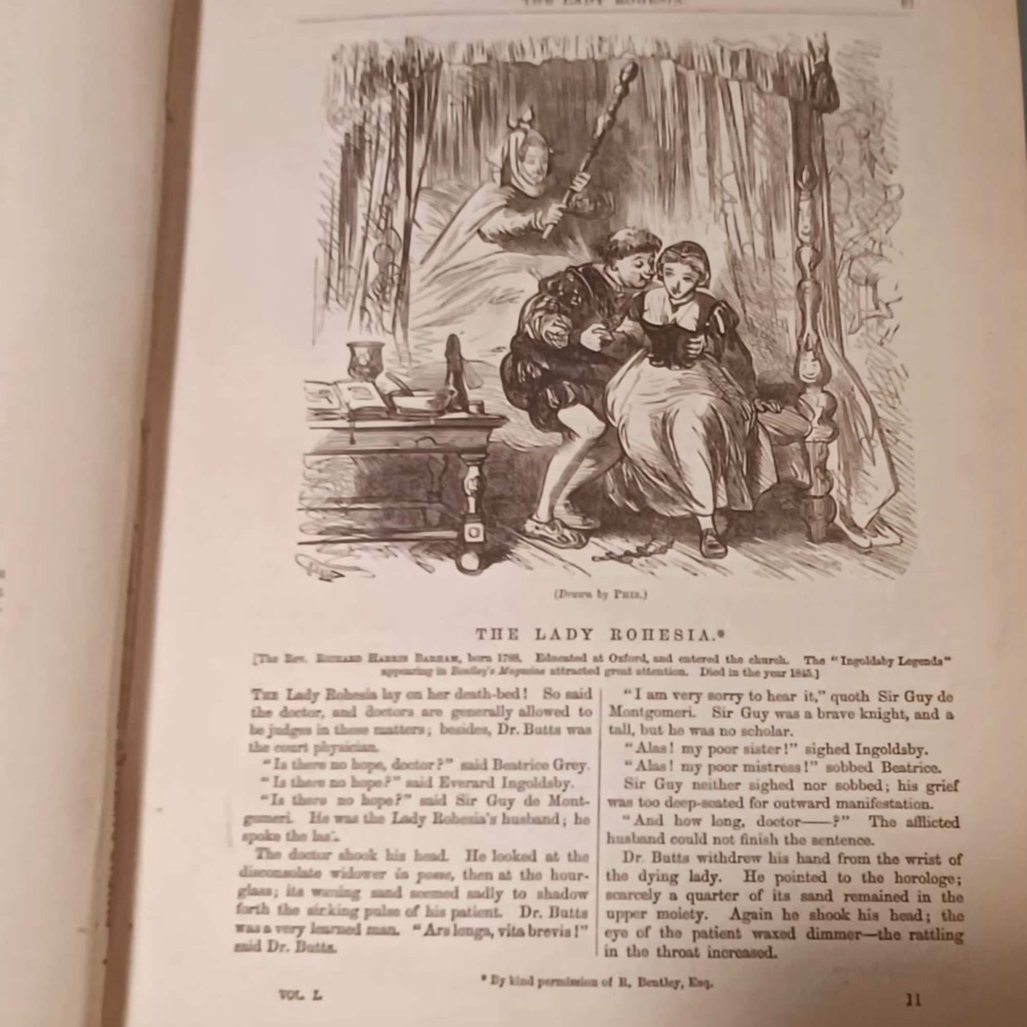 A book page with an illustration of three people in a curtained bedchamber.
